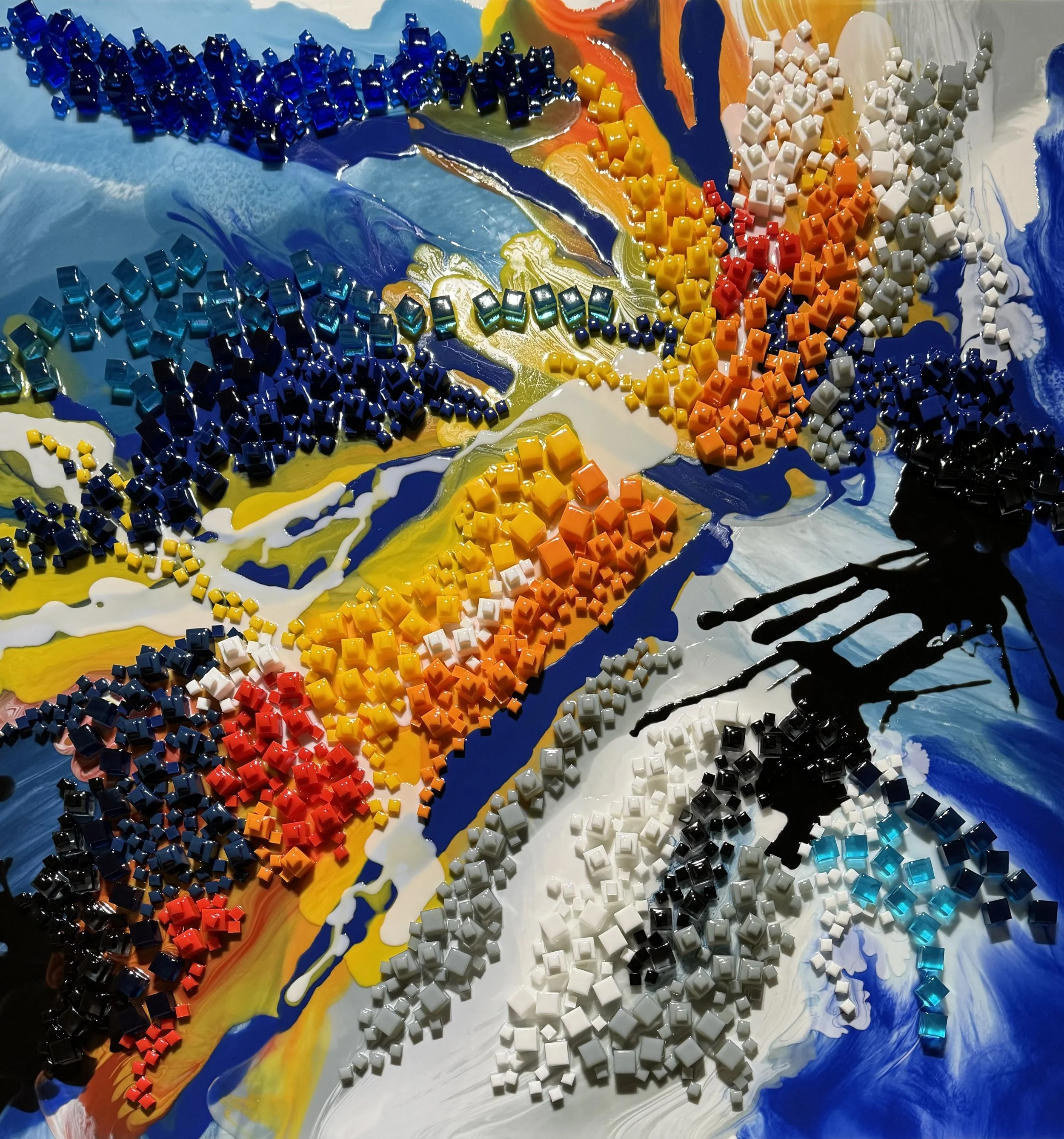 Modular Flux: Enzed.  2023. 110cm x 110cm x 7cm. Epoxy Resin cubes on board.