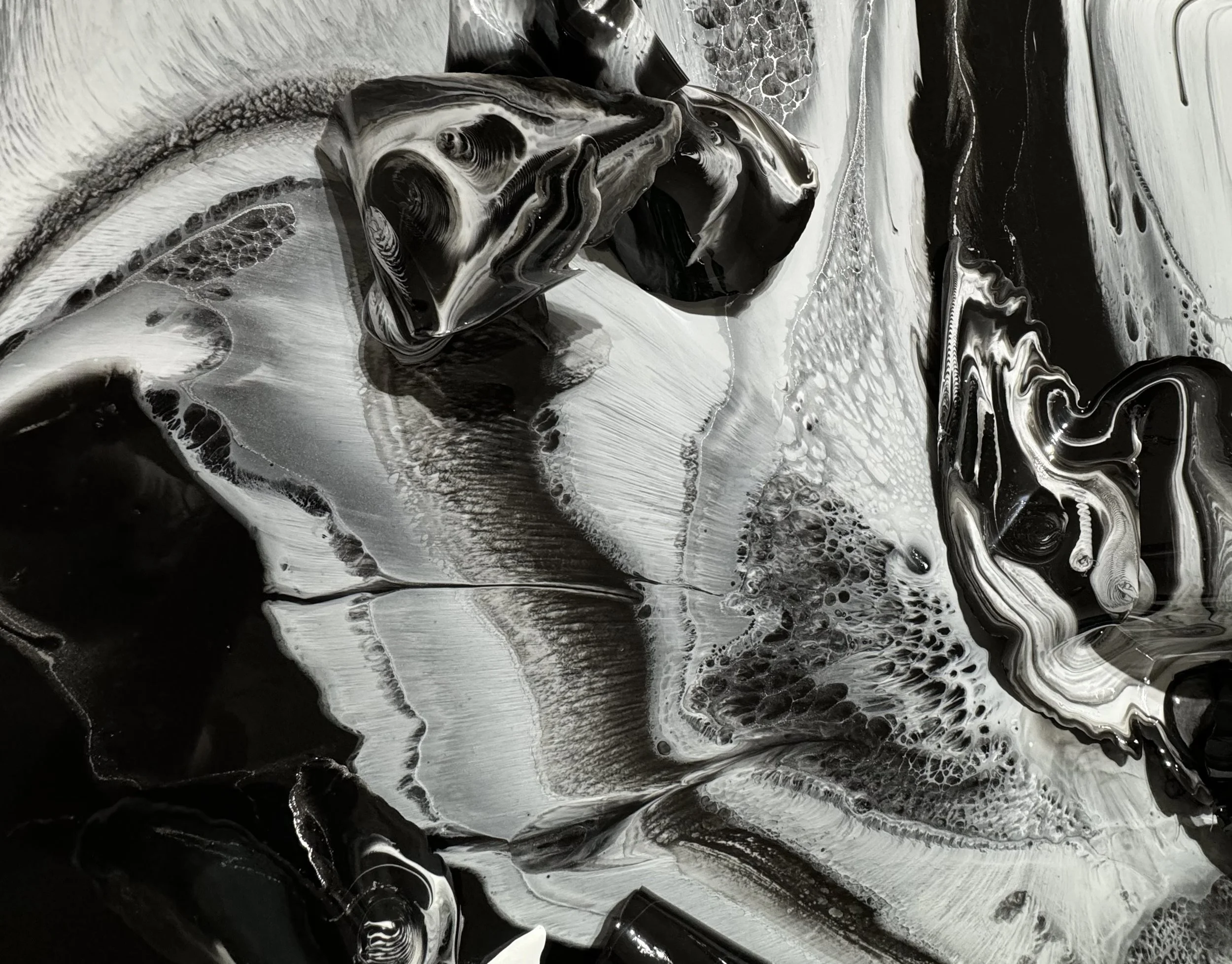 Abstract black and white fluid art painting with swirling patterns and textures.