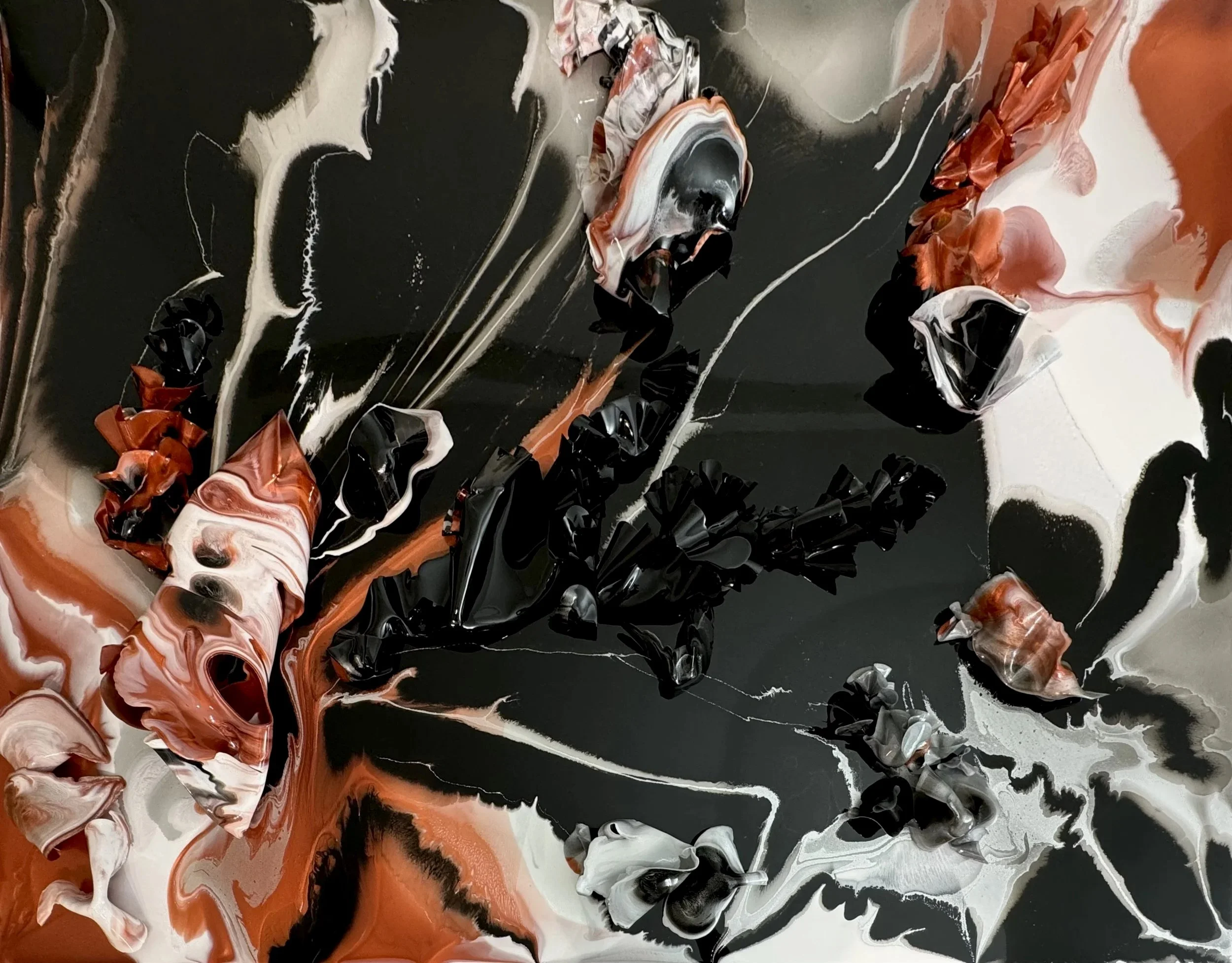 Lucent Forms: Copper, 2024.  150cm x 110cm x 20cm. Epoxy Resin on acrylic.  Mounted.