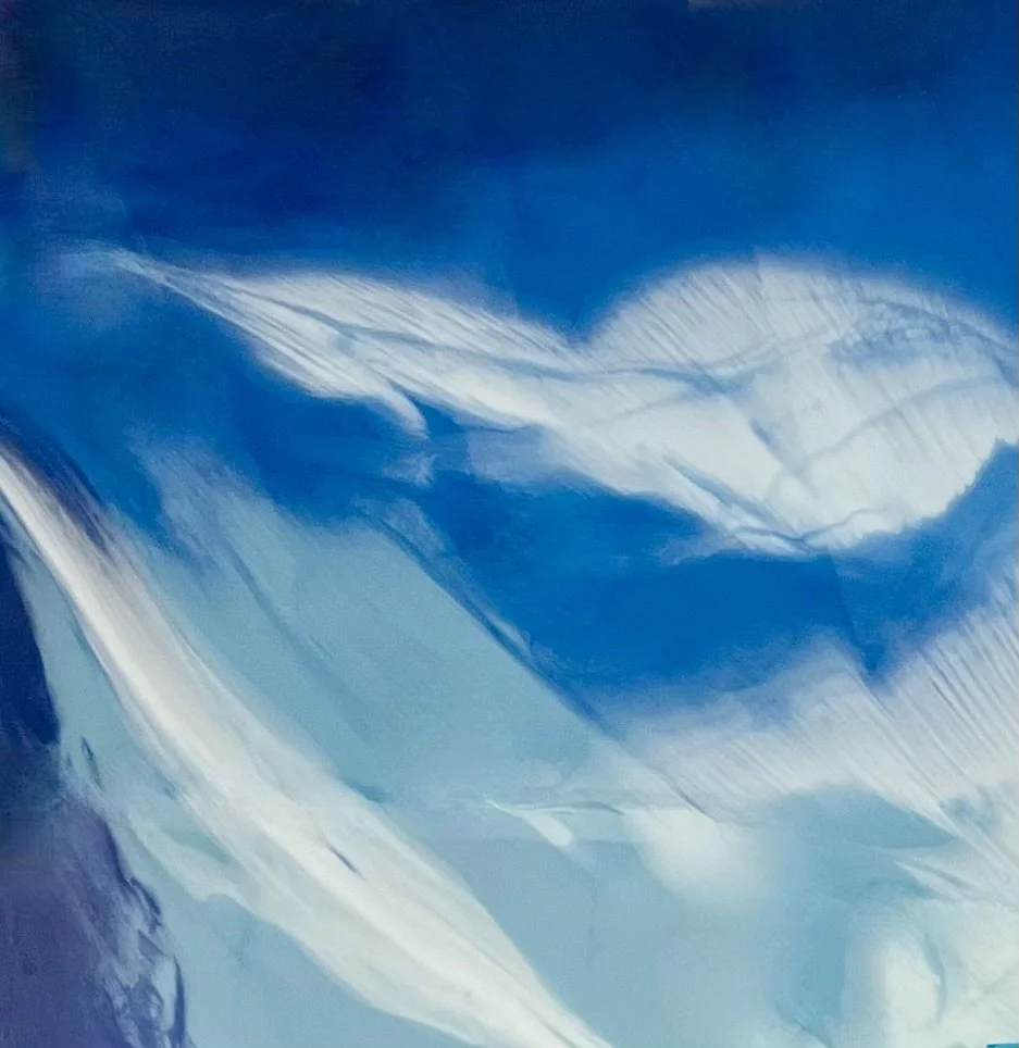 Abstract blue and white watercolor painting with flowing, feather-like patterns.