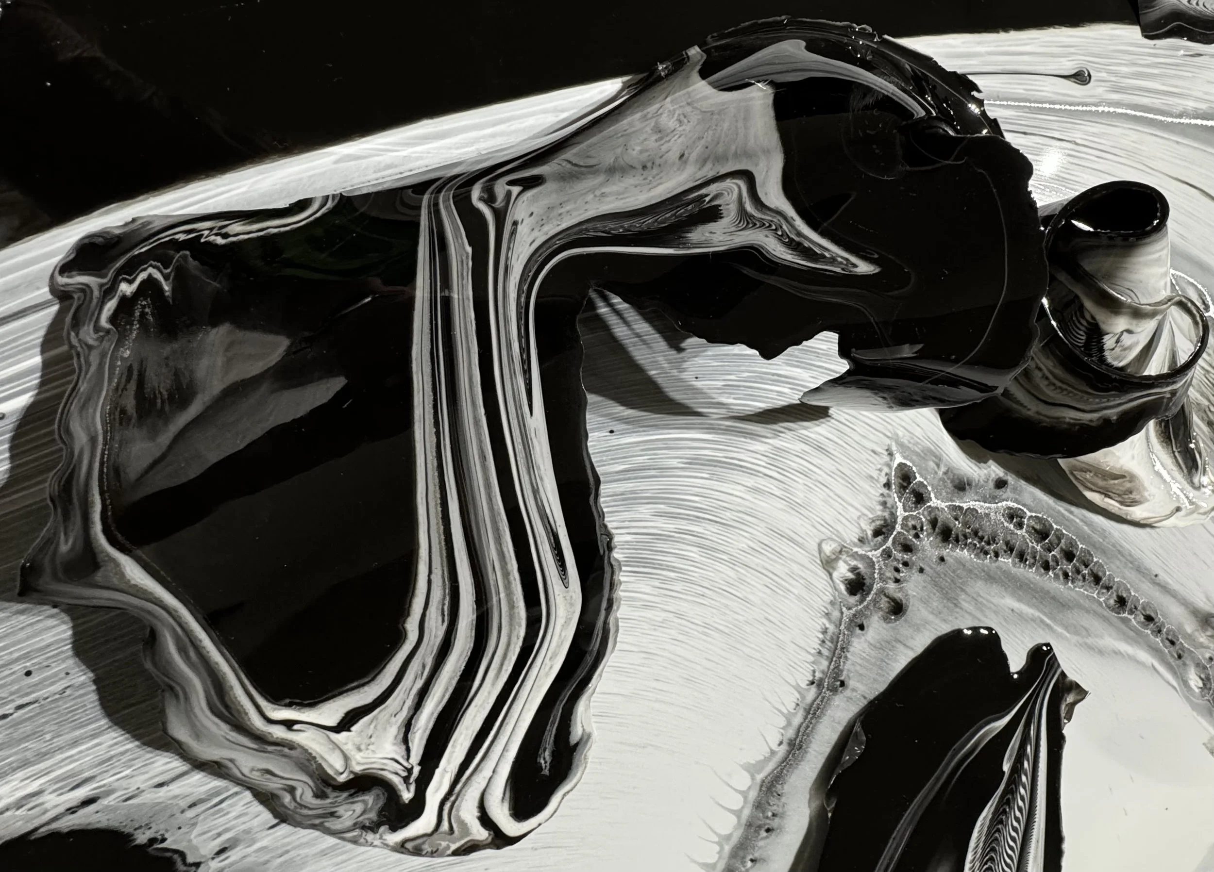 Close-up of black and white abstract swirling paint or ink on a surface.