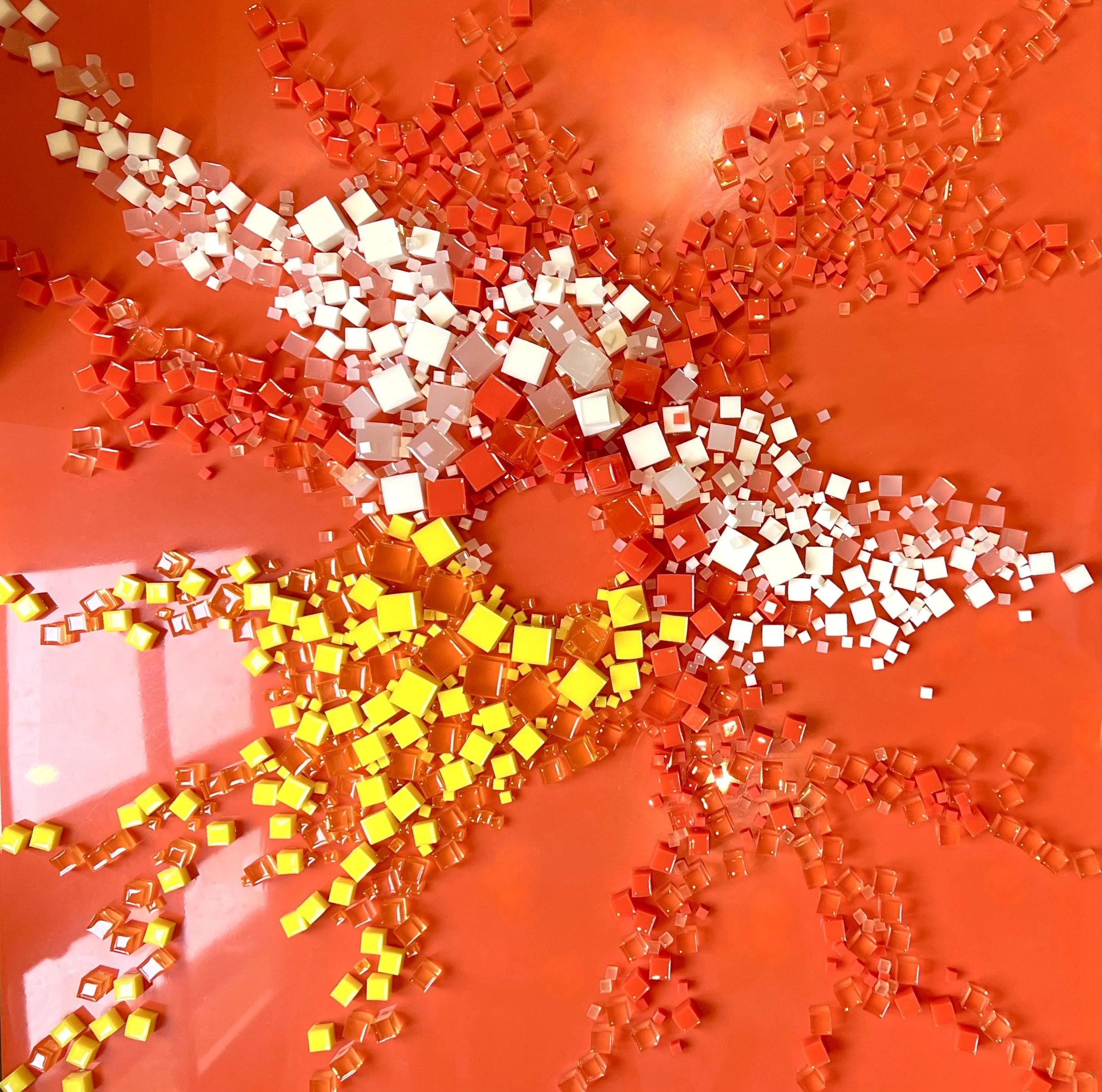Modular Flux: The Orange.  2023. 110cm x 110cm x 10cm. Epoxy Resin cubes on board.