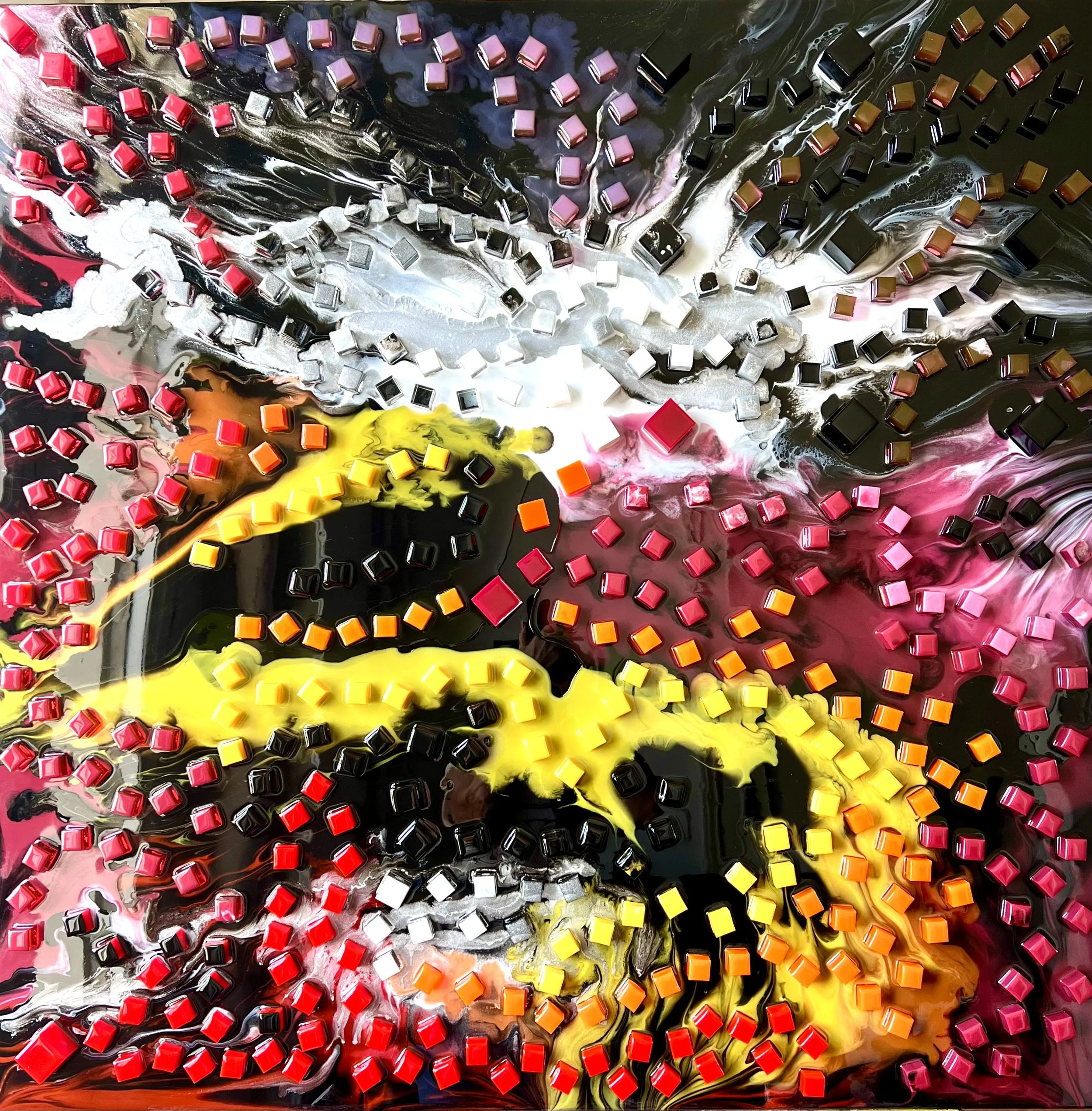 Abstract painting with vibrant colors, featuring splashes of red, pink, yellow, black, and white in a swirling pattern.