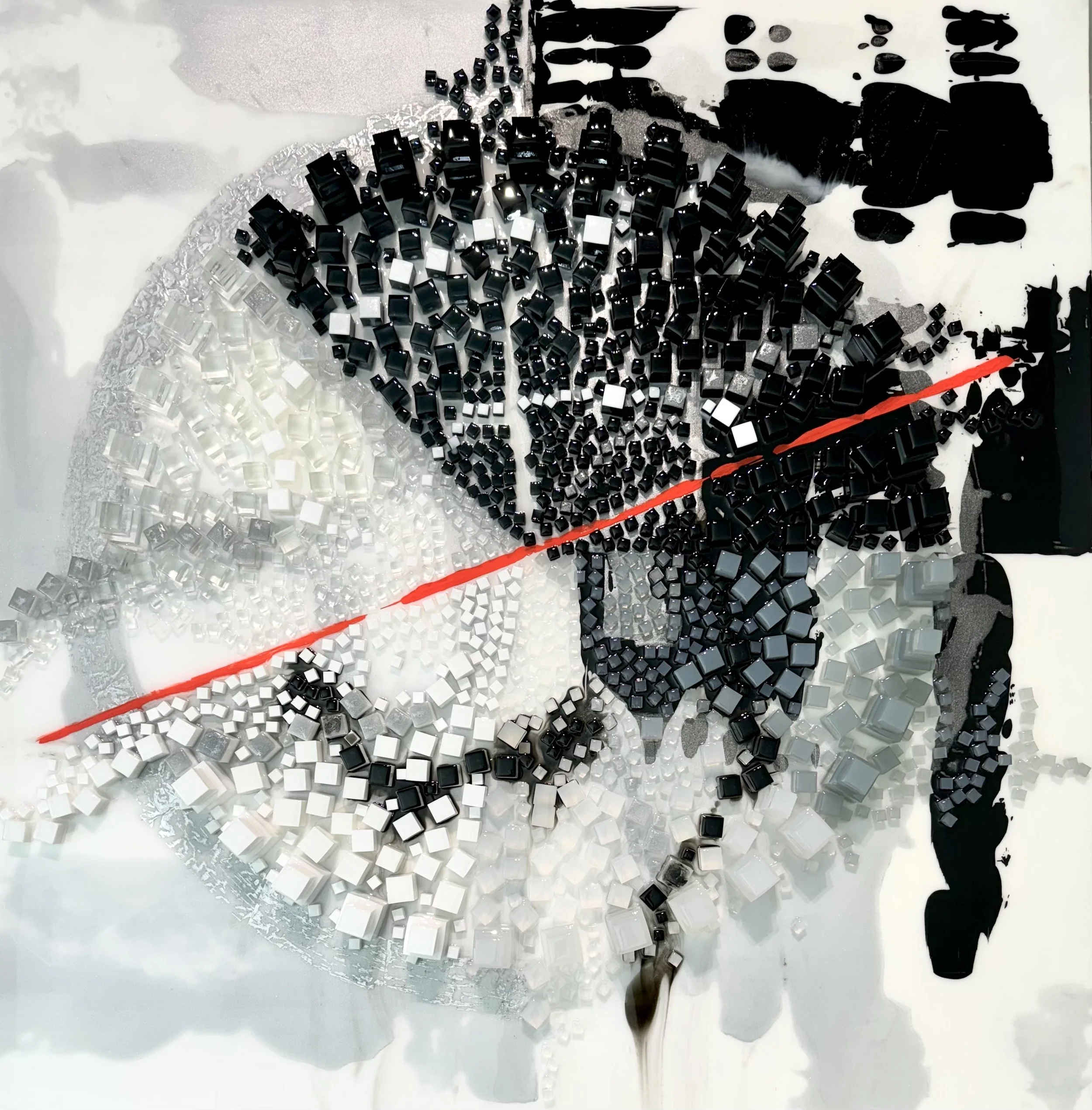 Modular Flux: Orbital.  2023. 110cm x 110cm x 10cm. Epoxy Resin cubes on board.