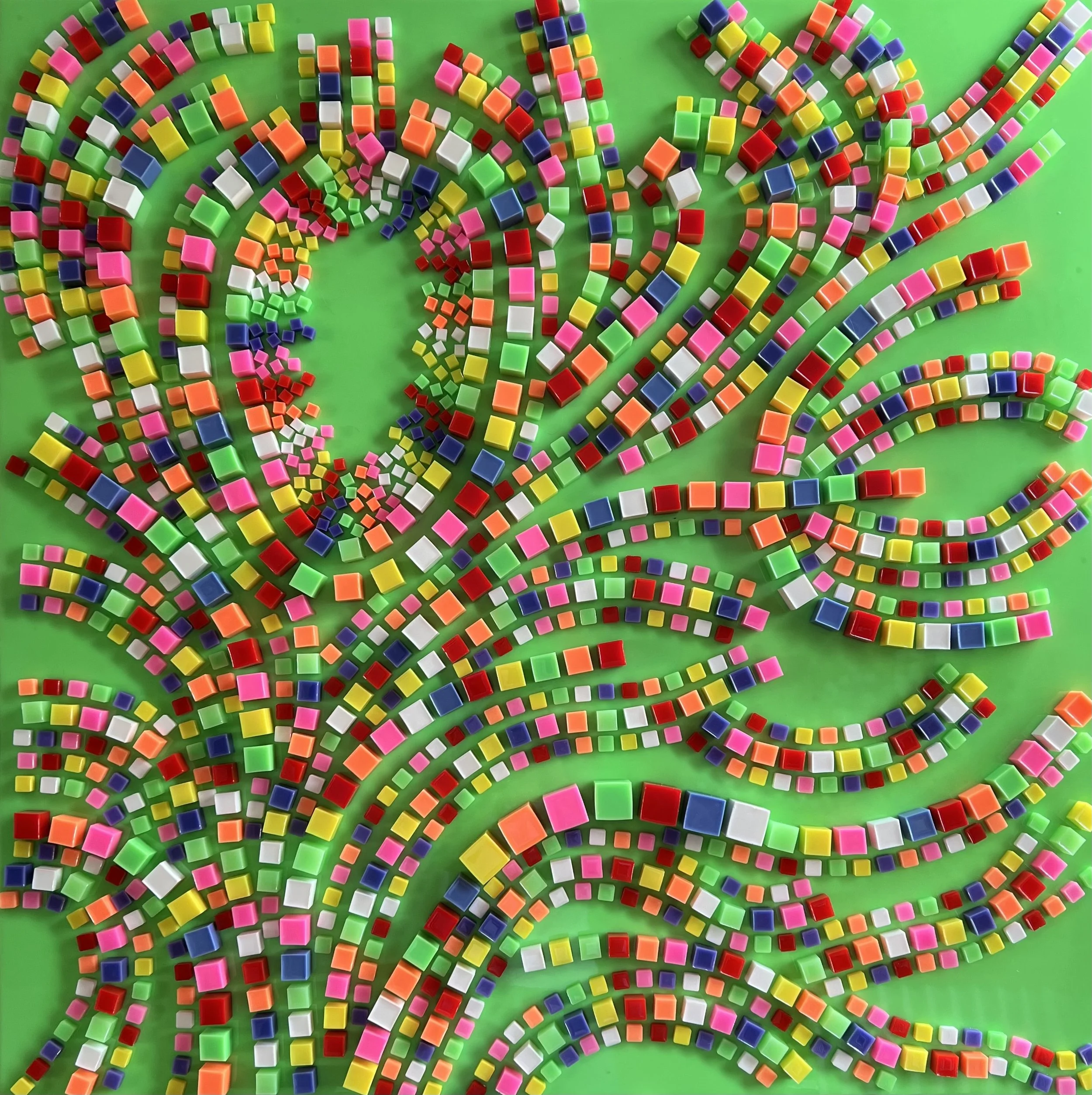 Modular Flux: Town Planning.  2023. 110cm x 110cm x 5cm. Epoxy Resin cubes on board.