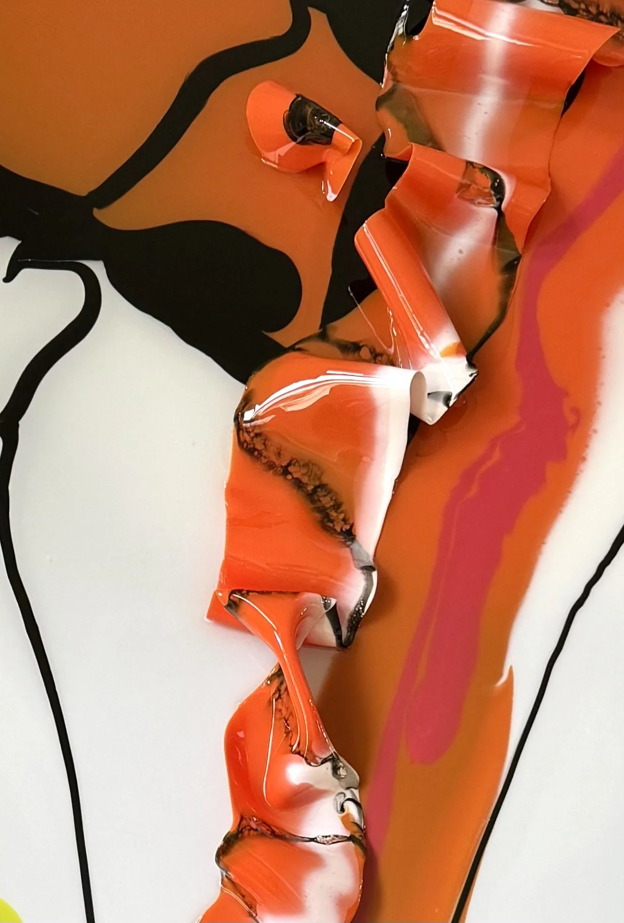 Close-up of a colorful Frazetta painting with bold black outlines, featuring hues of orange, white, pink, and black.