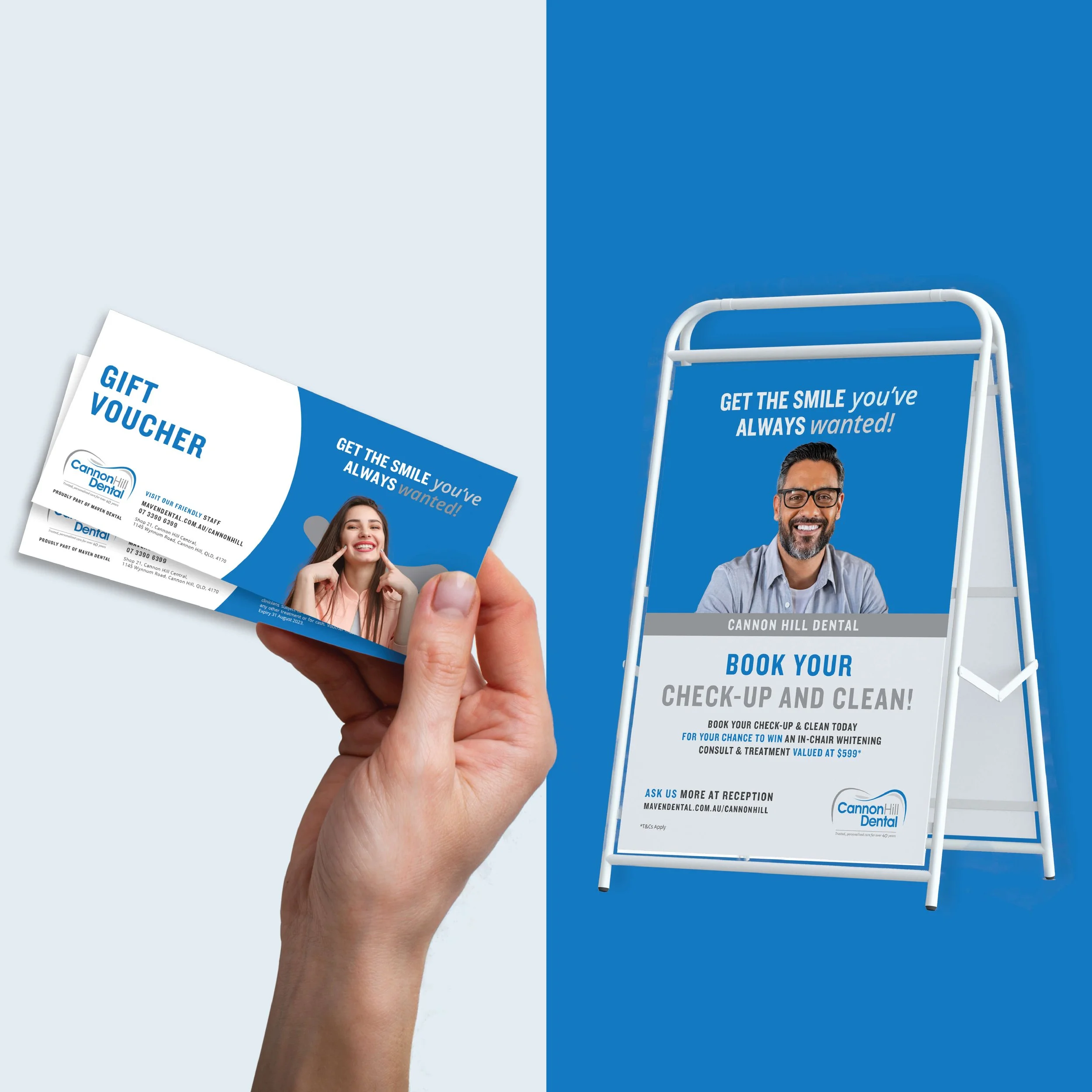 Coffee cart setup for Cannon Hill Dental activation featuring branded signage, teardrop banner, and promotional gift voucher.