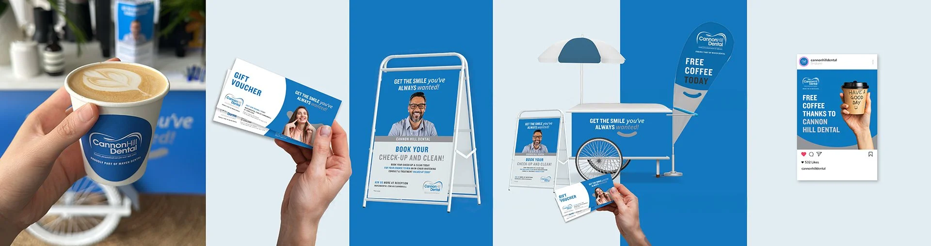 Cannon Hill Dental coffee cart brand activation featuring custom printed coffee cups, gift vouchers, street signage, banners, and social media graphics. Community event campaign designed by Melissa Wimberley under Abano Healthcare.