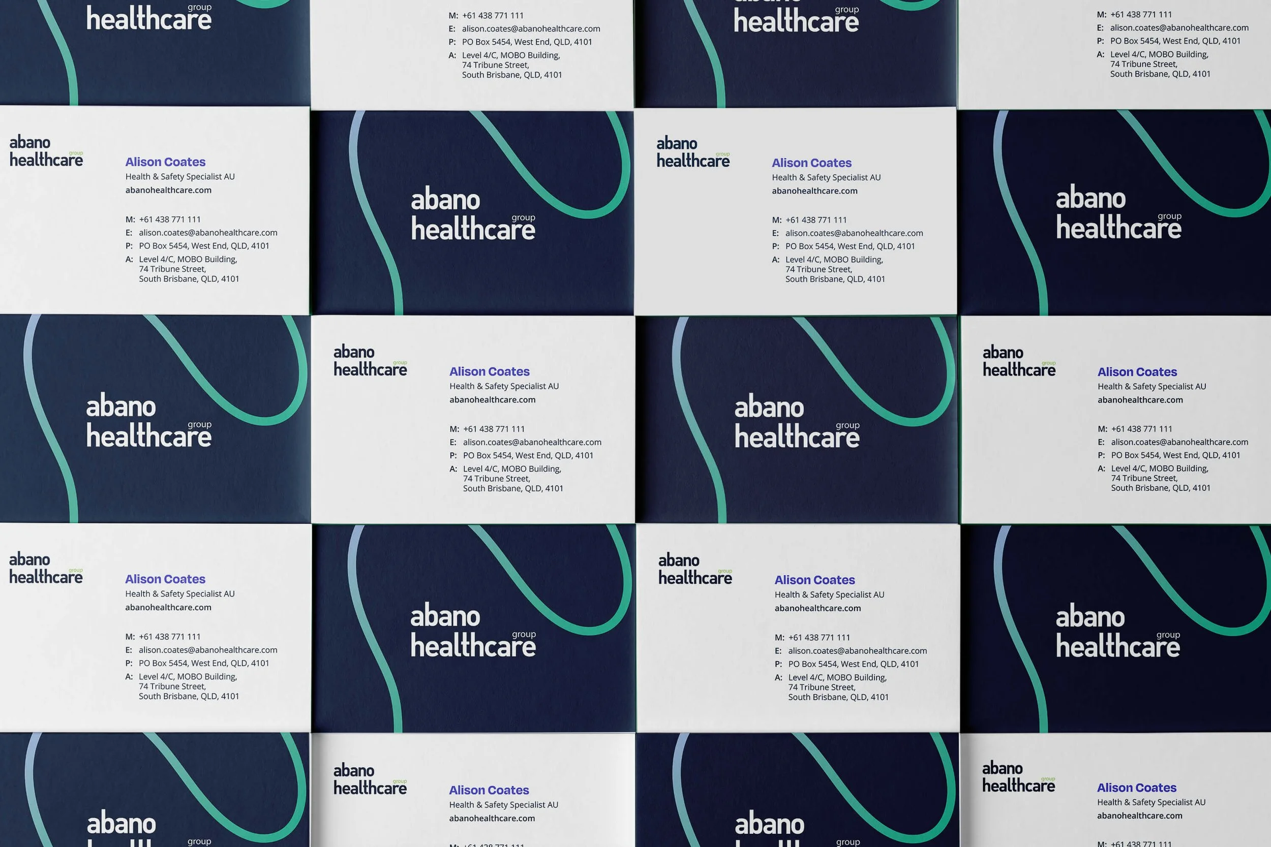 Grid layout of Abano Healthcare business cards designed by Pronto Studio, featuring consistent brand typography, contact details for Alison Coates, and a bold navy background with teal wave graphic from the 2025 brand refresh.