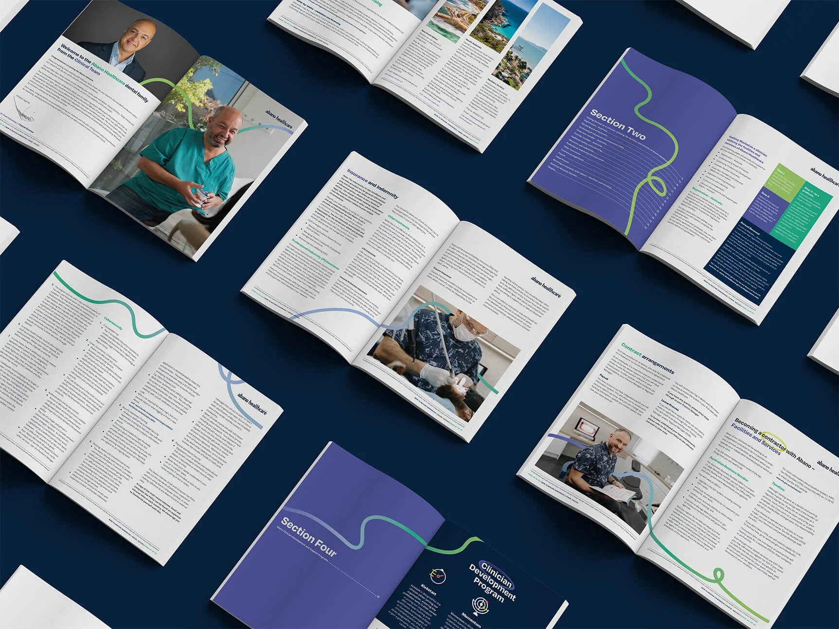 Flat lay of Abano Healthcare’s onboarding brochure showcasing internal spreads and brand messaging — designed by Pronto Studio to align with the refreshed visual identity and improve employee engagement