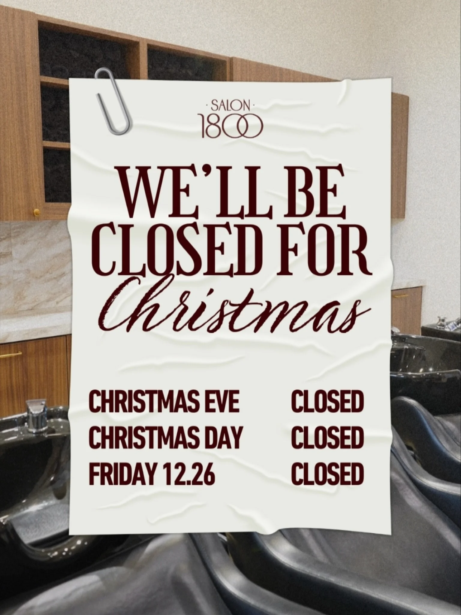 We&rsquo;ll be closed from Dec. 24th - Dec. 26th to give our amazing stylists a well-earned holiday break. Services will resume Dec. 17th, see you then!❤️

#closedforholidays #salon1800 #lincolnpark
