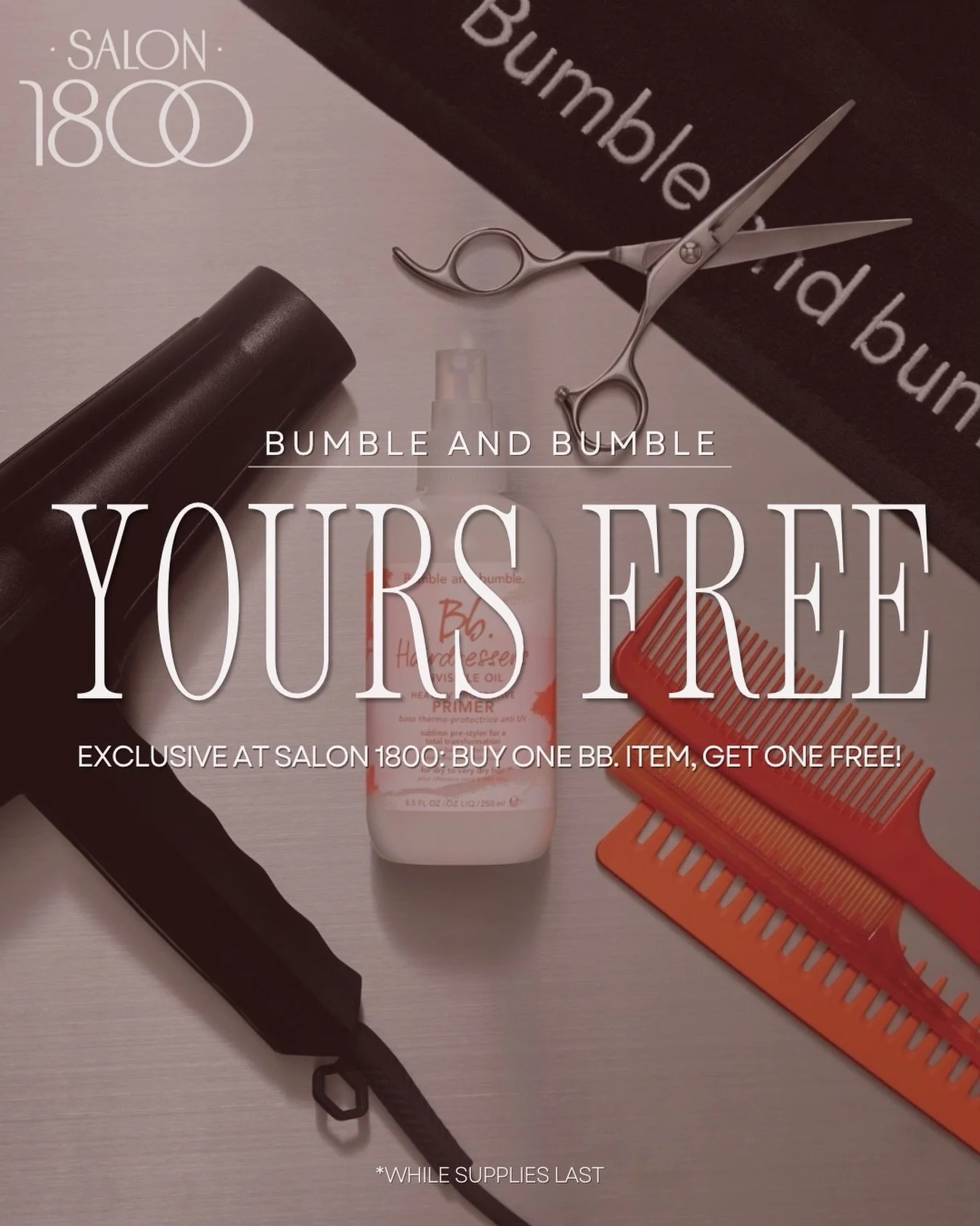 Calling all @bumbleandbumble lovers!!

Next time you visit the salon, choose one free full-size product with the purchase of any full-size Bb. product:
Tonic Priming Spray
Hairdresser&rsquo;s Invisible Oil Primer
Thickening High Drama Styling Foam
Sp