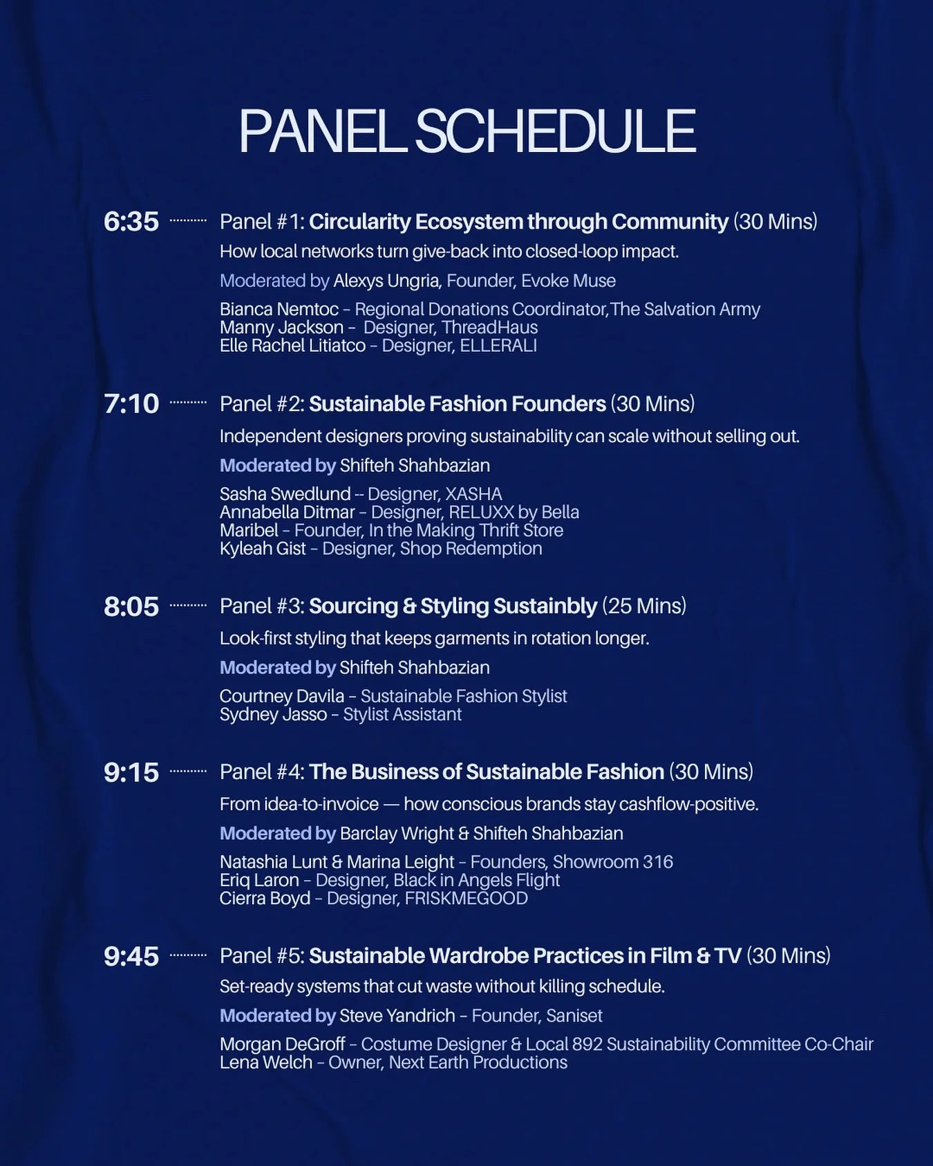 VOICES OF TOMORROW 🎤

Join us for an evening of&nbsp;panels, sustainable fashion insights, and designer showcases&nbsp;with industry leaders and creative innovators.

PANELIST SCHEDULE:✨🕕&nbsp;

🔹6:35 PM &ndash; Panel 1: Circularity Ecosystem thro