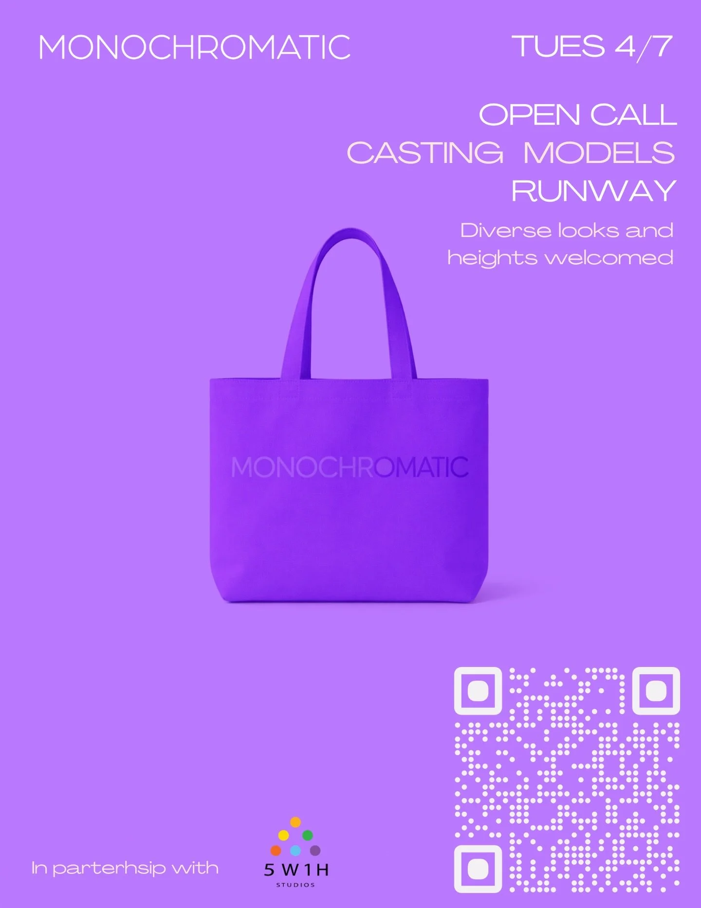 TOMORROW - OPEN CALL - RUNWAY MODELING

📅 April 7
📍&nbsp;@5W1Hstudios 
  7700 Balboa Blvd, Van Nuys
⏰ 11 AM - 4PM

Monochromatic is seeking 24 models for an upcoming runway show, as part of LA fashion week, at a film studio, on the evening of Sunda