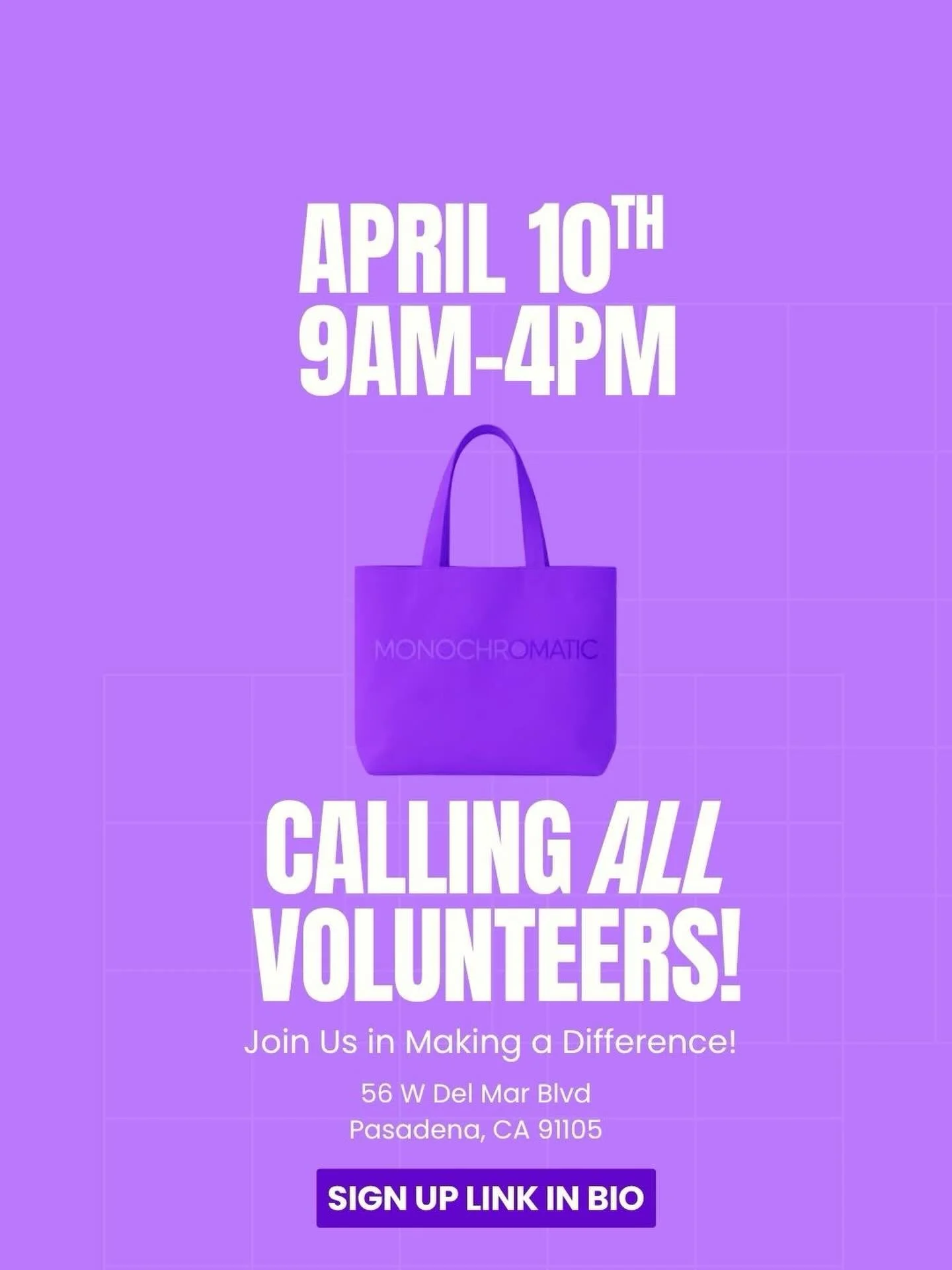 We&rsquo;re looking for volunteers to help us set up on April 10th and bring MONOCHROMATIC &ndash; RE/DIRECT: A Circular Wardrobe Activation to life ✨

Do you have an eye for fashion? Join us from 9&ndash;4 at the Salvation Army in Pasadena to help w