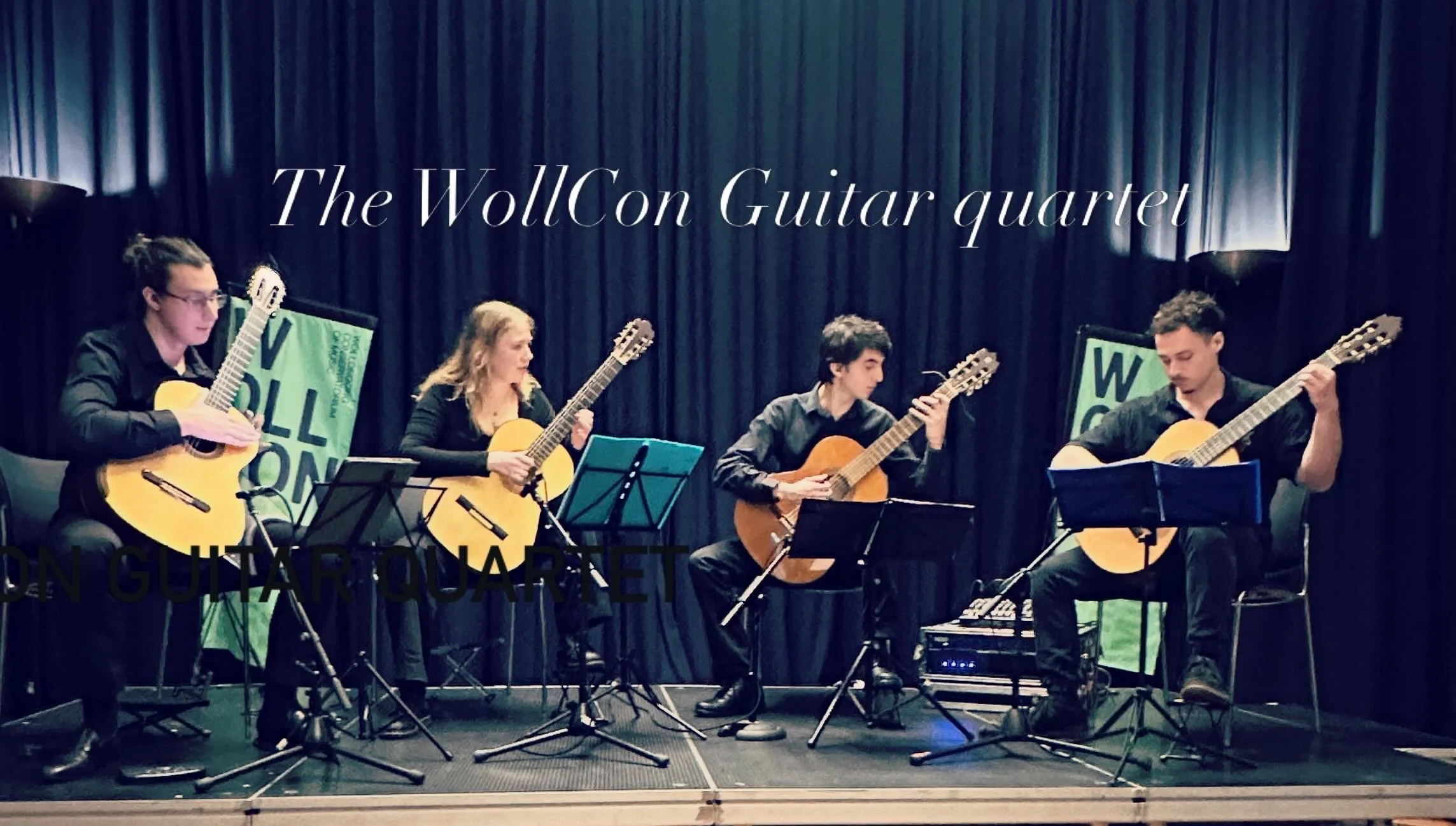 A group of five musicians playing classical guitars on a stage with a dark curtain backdrop. The shifted text reads "The WollCon Guitar quartet."