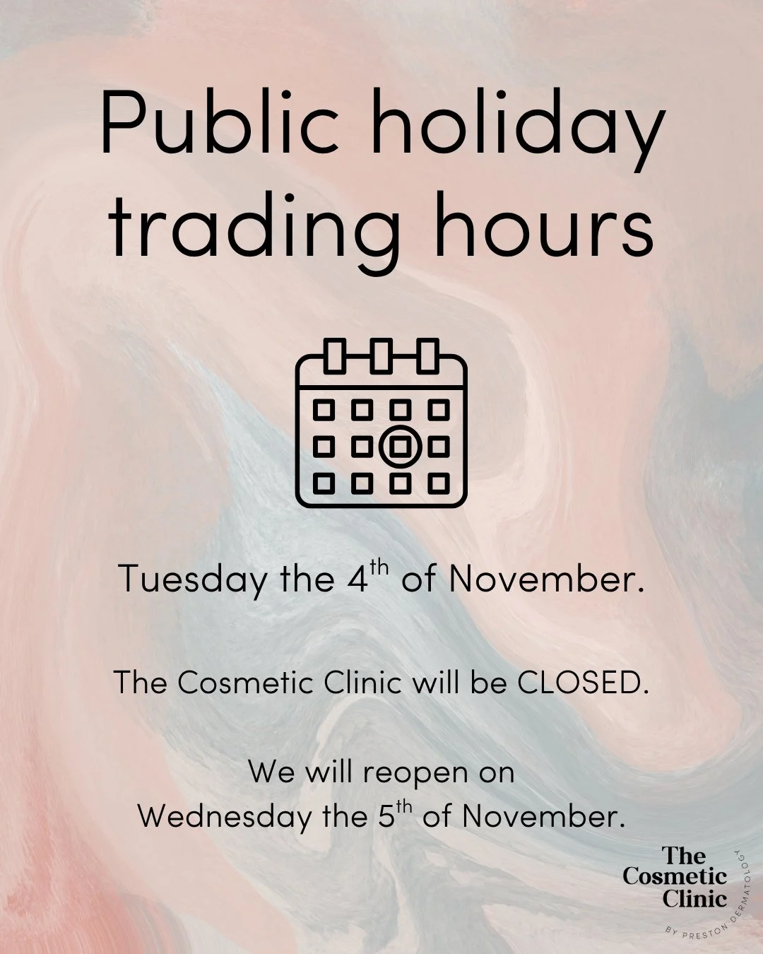 We will be closed on Tuesday the 4th of November and will reopen for appointments on Wednesday the 5th of November. ⁠
⁠
We hope you have a great day and we'll see you back in the clinic on Wednesday ✨️⁠
⁠
⁠
⁠
⁠
#clearskin #beautifulskin #brightskin #