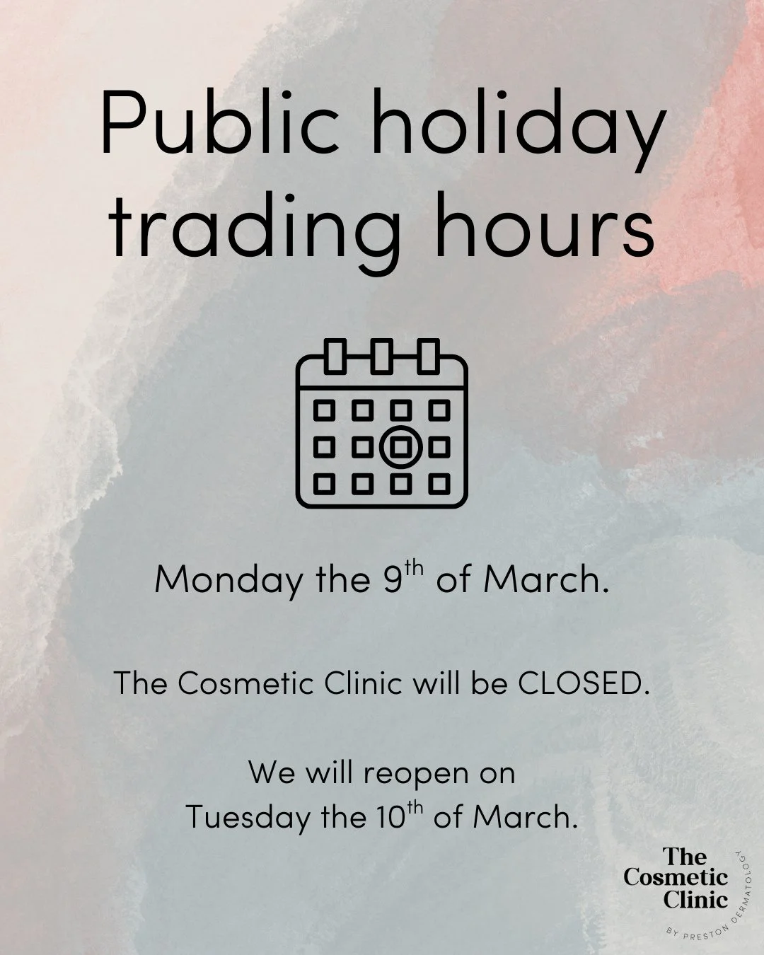 We will be closed on Monday the 9th of March and will reopen on Tuesday the 10th of March.⁠
⁠
We hope you have a great day and we'll see you back in the clinic on Tuesday ✨️⁠
⁠
⁠
⁠
⁠
#clearskin #beautifulskin #brightskin #lasertreatment #noninvasive 