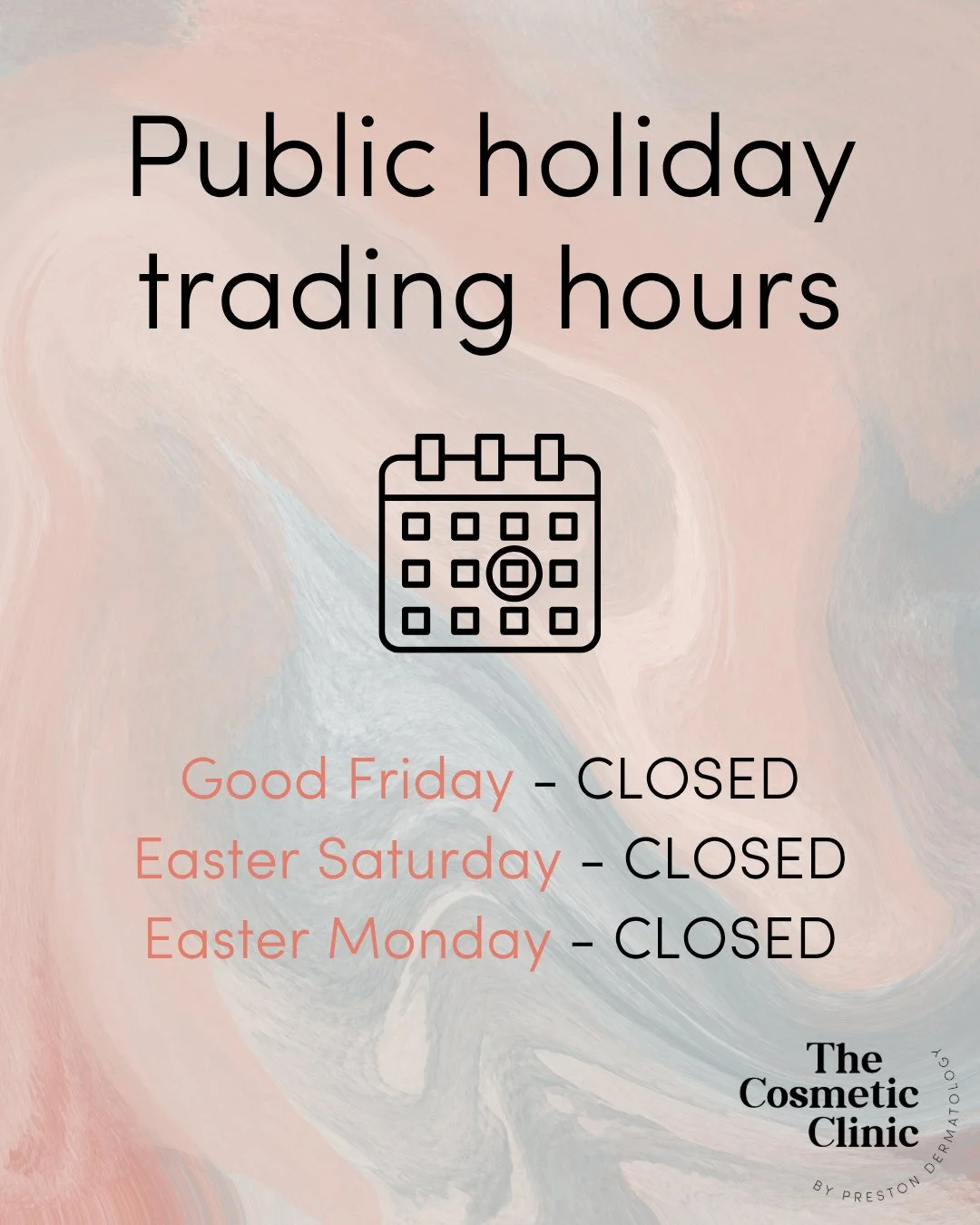 The Cosmetic Clinic will be closed over the Easter long weekend.⁠
⁠
We hope you have a restful break and we'll see you back in the clinic next Tuesday!⁠
⁠
⁠
⁠
⁠
#clearskin #beautifulskin #brightskin #lasertreatment #noninvasive #pigmentation #skincar