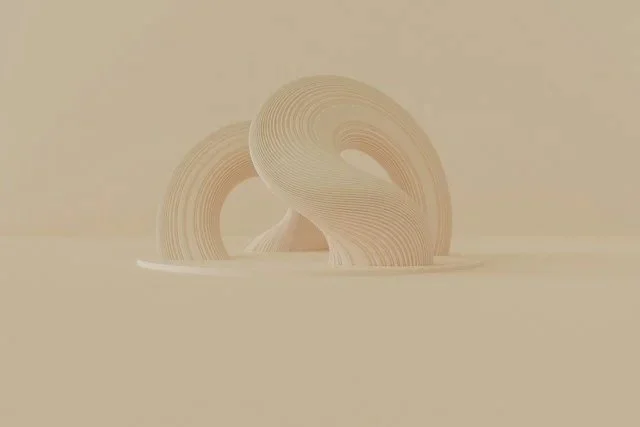 Abstract wooden sculpture with smooth, curved shapes on a light background.