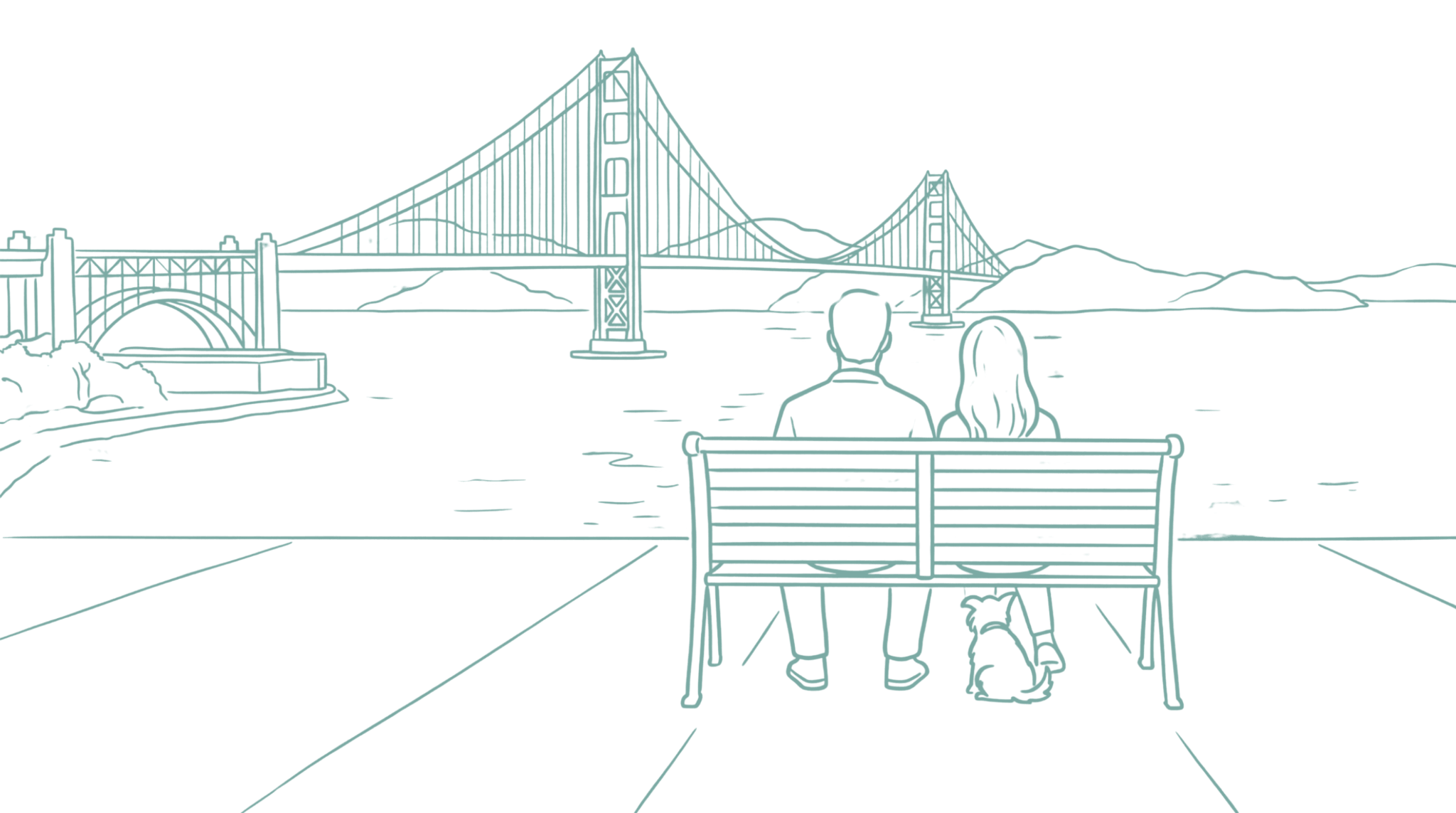 Line drawing of a couple sitting on a bench facing the Golden Gate Bridge in San Francisco, with mountains in the background and a dog sitting beside them.