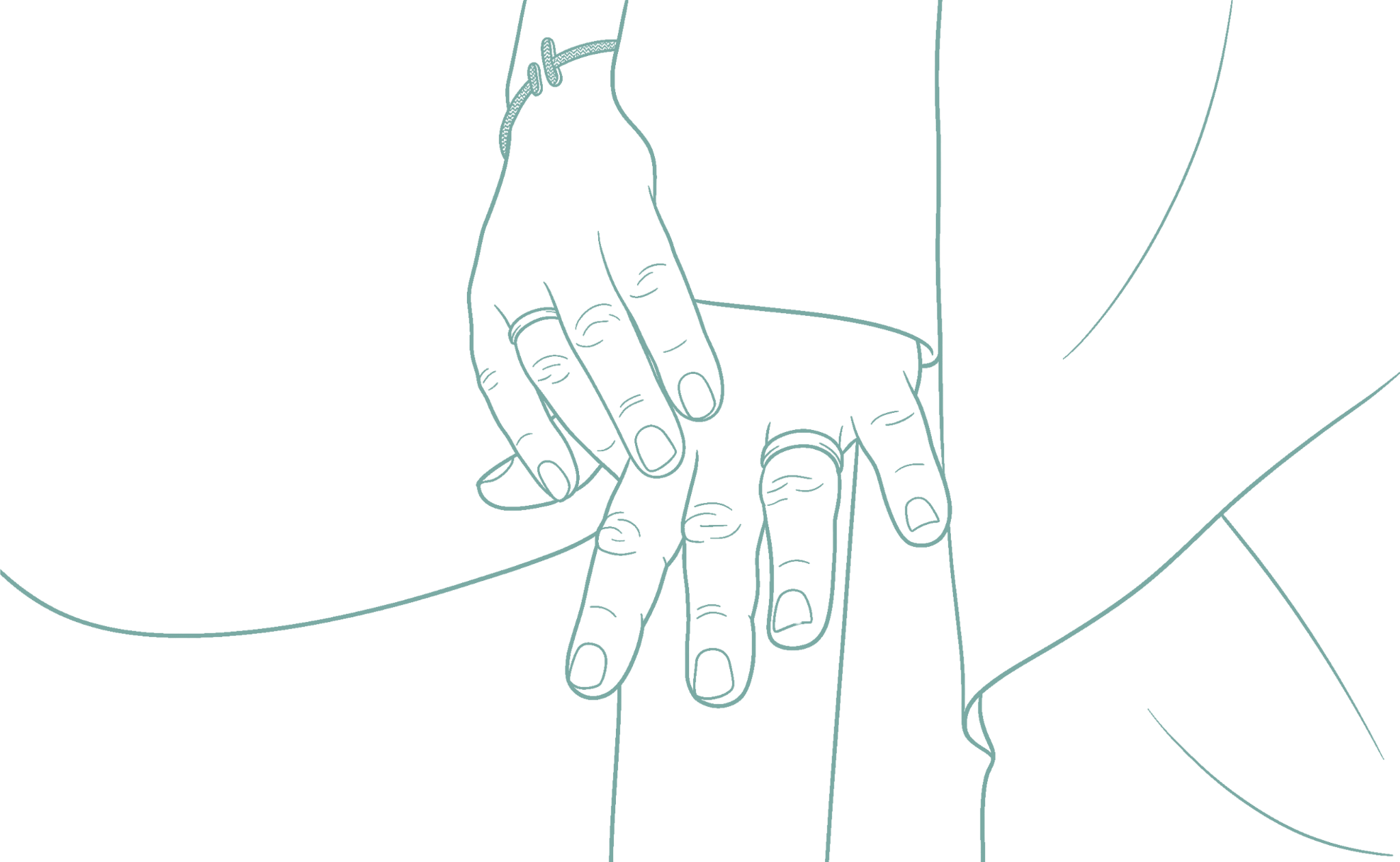 A digital line drawing of two hands clasped together, with one person's hand on top of the other's, on a black background.