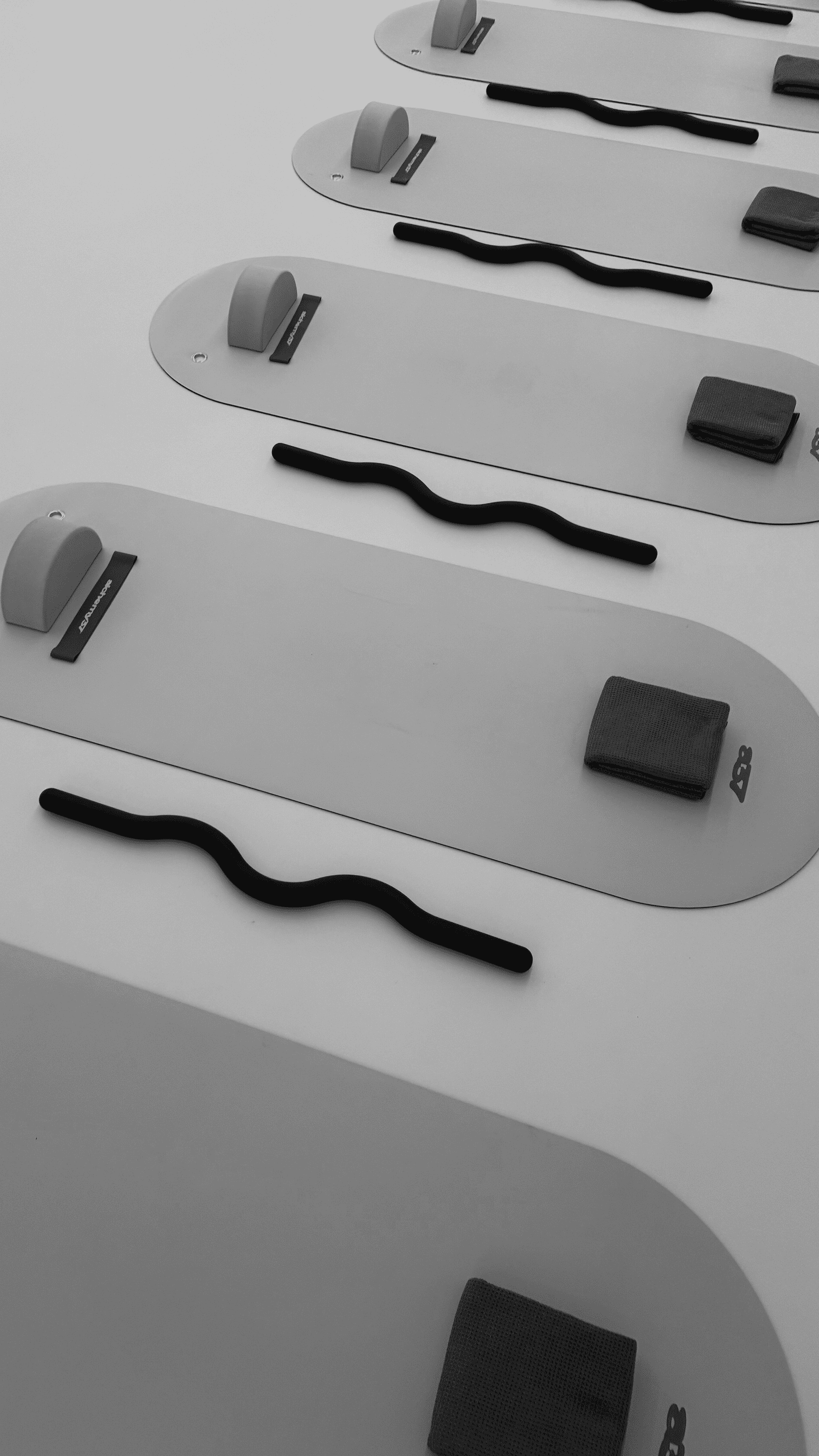 Mats arranged in a row with accessories