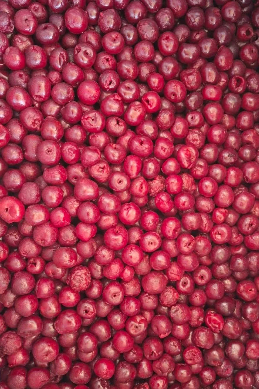 Close-up of numerous fresh cranberries with shiny red skin.