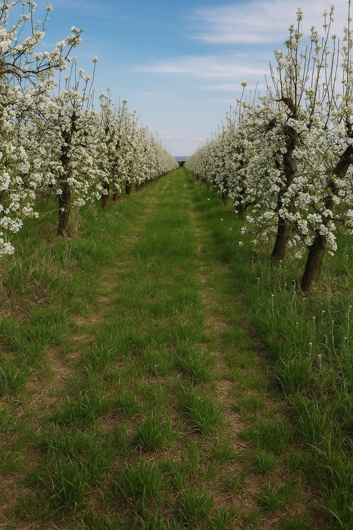 A pathway through blooming white flower trees in a rural field.