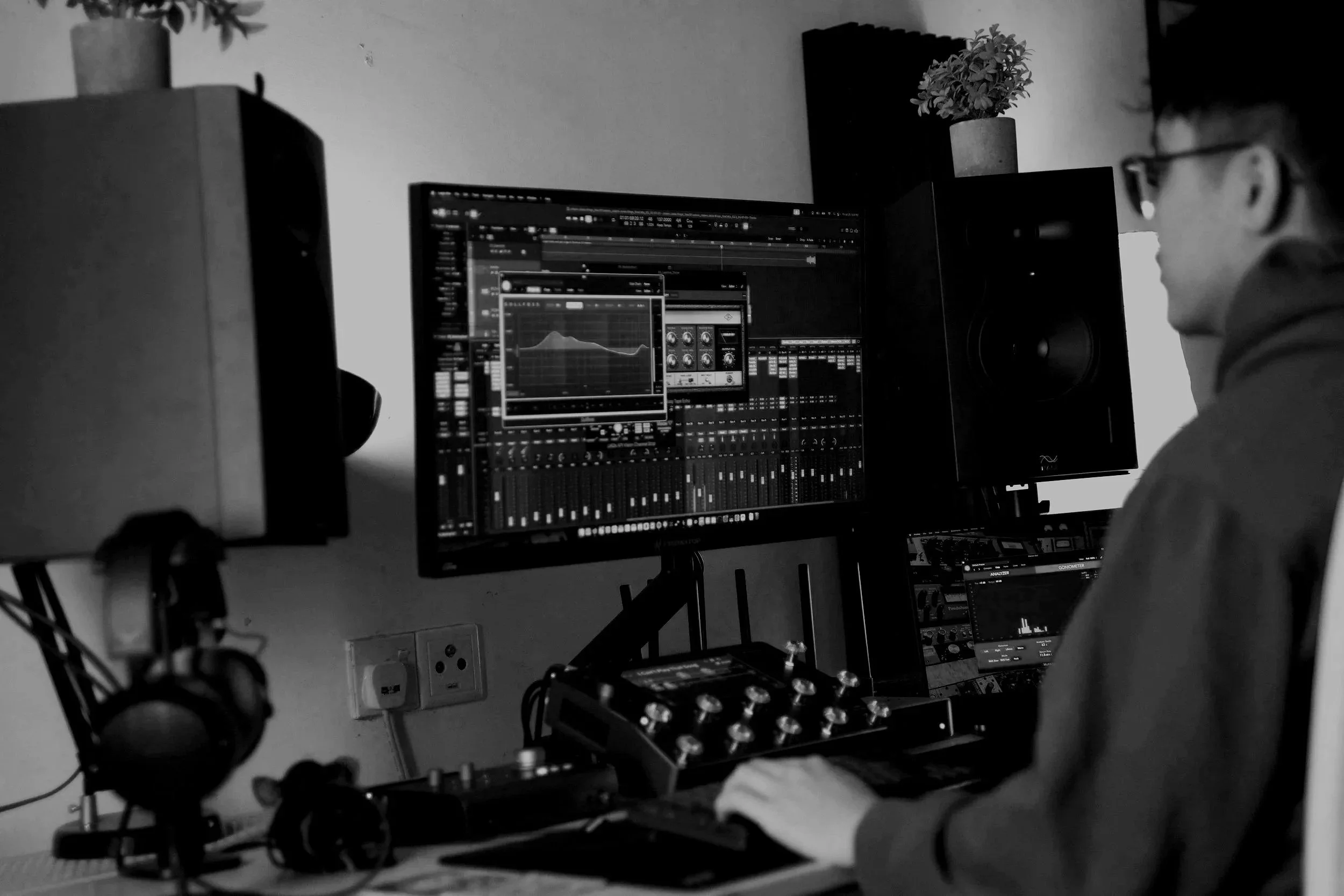 A person working in a music studio with multiple computer screens displaying audio editing software, studio speakers, headphones, and audio equipment.