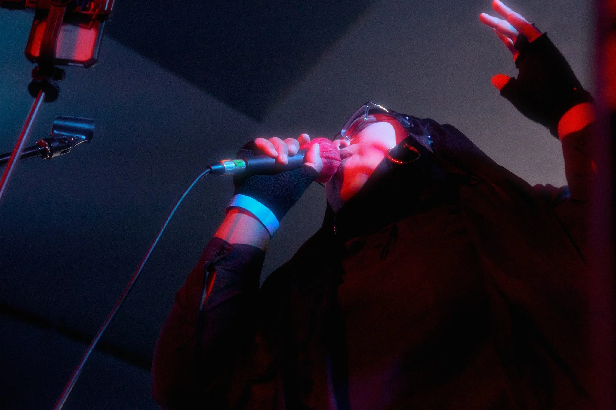 Person singing into a microphone on stage with red and blue lighting.