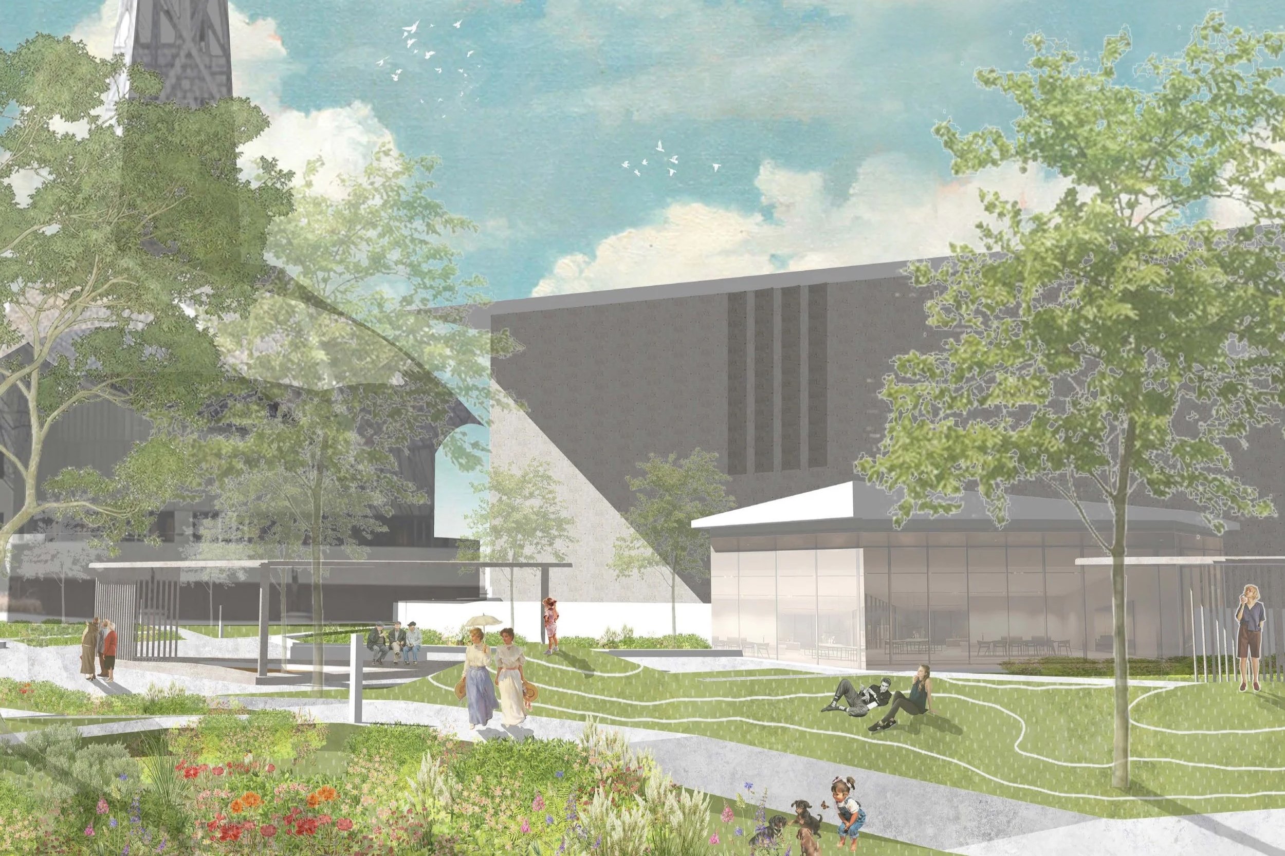 Proposal for an Australian garden informed by the 'Safer Parks for Women and Girls Guidance', focussing on topography as the agent for prospect, refuge and equity. Design by JINRUI RAY CHEN as part of RMIT Landscape Architecture studio - Sites of Bel