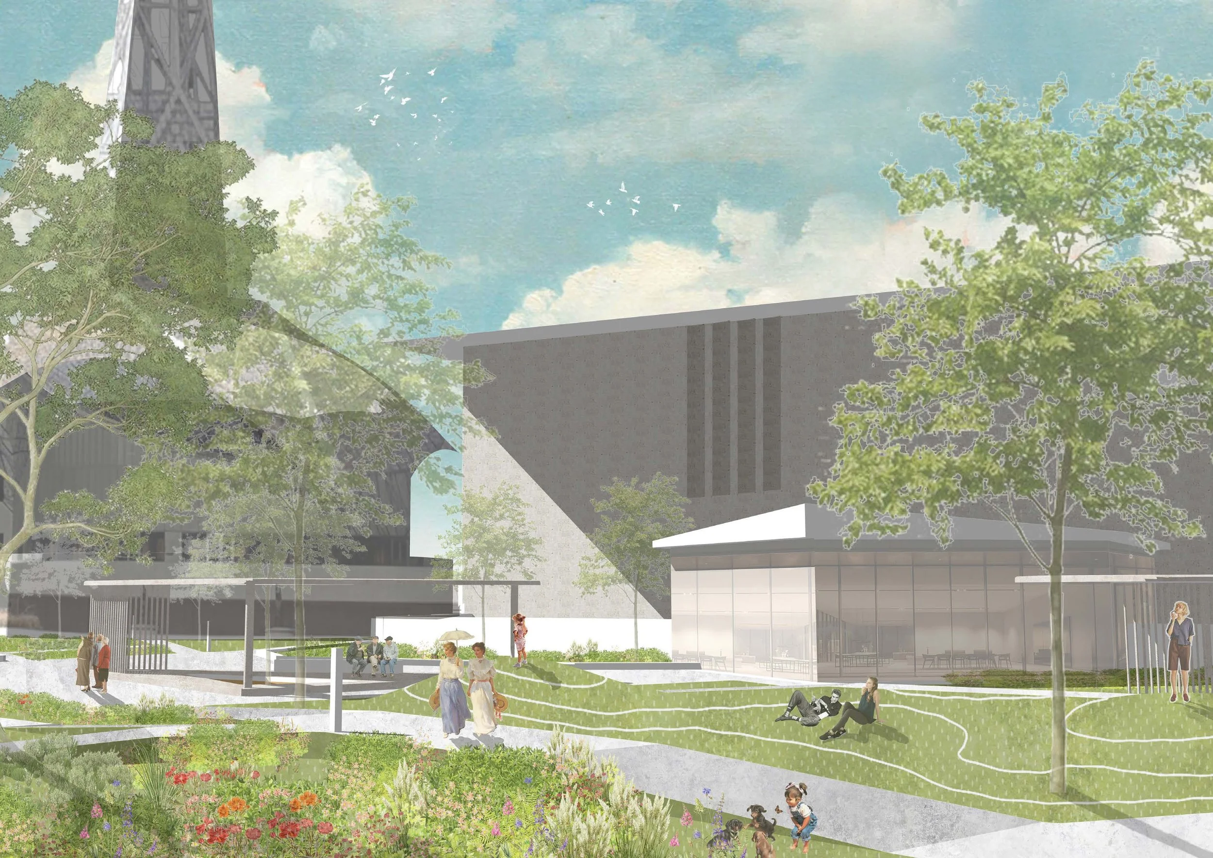 Proposal for an Australian garden informed by the 'Safer Parks for Women and Girls Guidance', focussing on topography as the agent for prospect, refuge and equity. Design by JINRUI RAY CHEN as part of RMIT Landscape Architecture studio - Sites of Bel