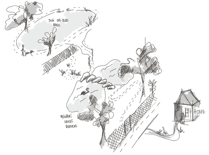A dog and dog owner's journey illustration by AGATA PYTKA as part of RMIT Landscape Architecture studio - Sites of Belonging 2025.
