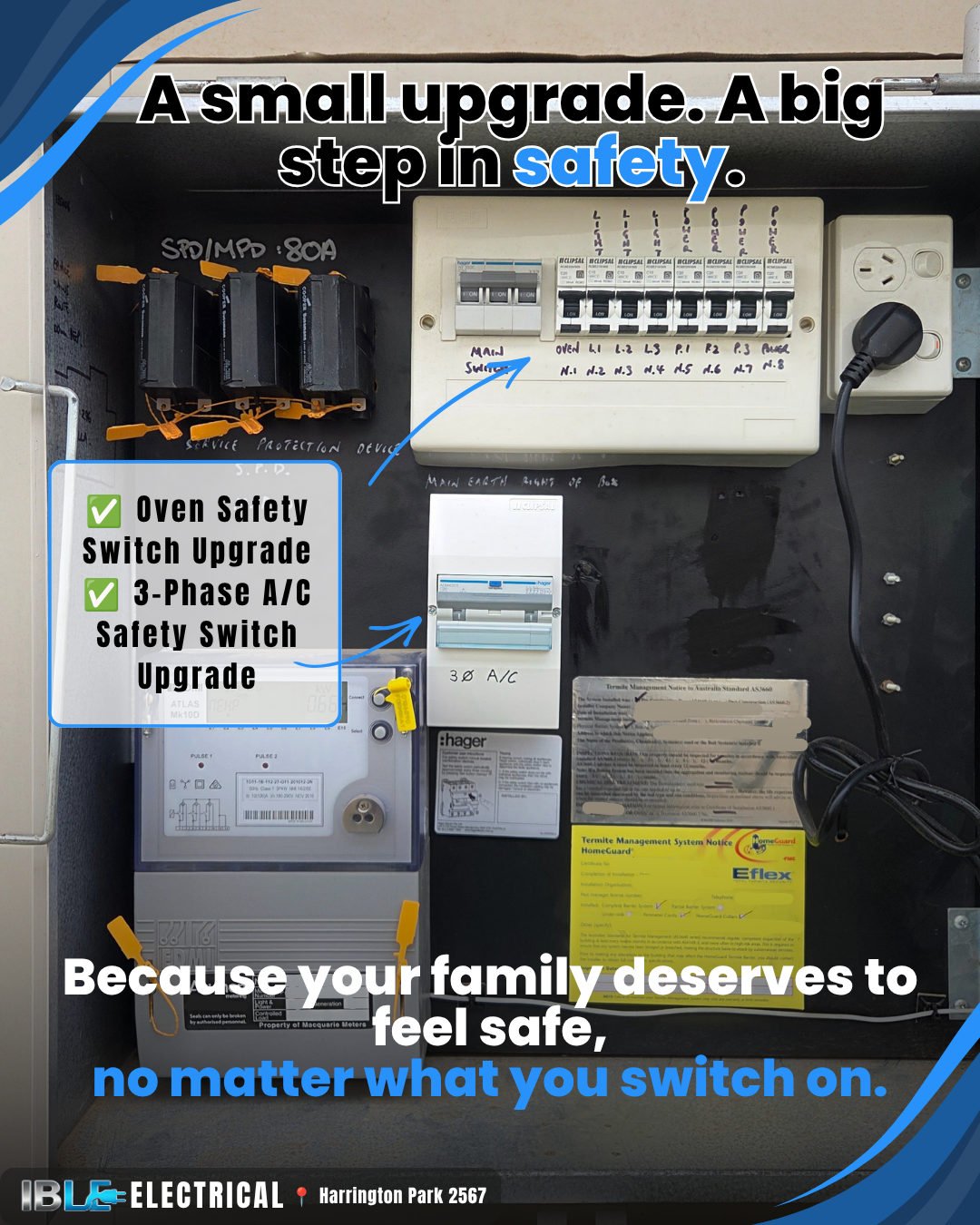 Ible Electrical safety-switch upgrade project for Cathy in Harrington Park NSW, including oven safety switch and three-phase air conditioning safety switch, shown in the supplied project graphic