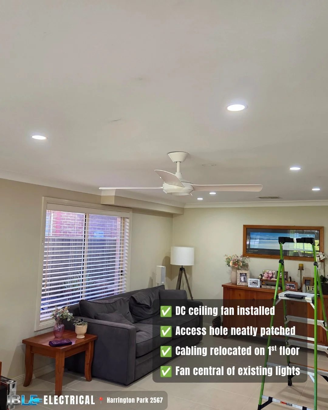 Completed ceiling fan installed by Ible Electrical at a Harrington Park NSW residential property