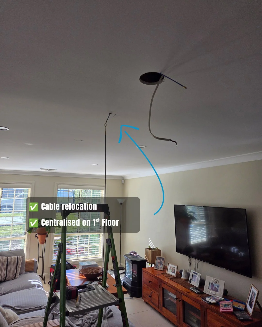 Ceiling cabling being relocated to position a new DC ceiling fan centrally in Harrington Park NSW