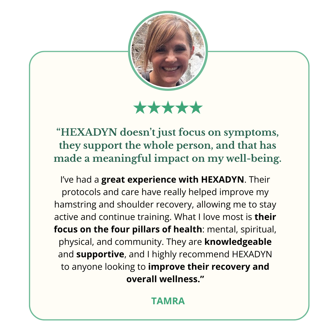 Customer review featuring a smiling woman with short hair, five-star rating, and a testimonial about HEXADYN and its positive effects on health and wellness.