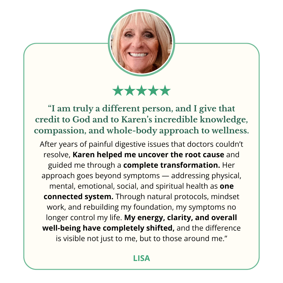 Testimonial card with photo of smiling woman, five-star rating, quote about wellness transformation, and signature Lisa.