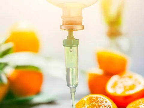 Medical IV drip above sliced oranges.