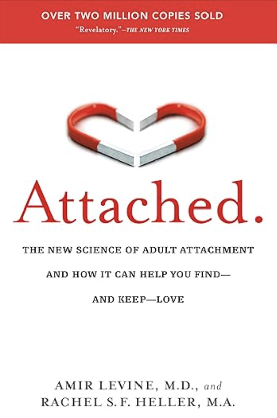 Book cover titled "Attached" with a tagline "Over two million copies sold." featuring an illustration of a magnet forming a heart shape. The subtitle reads "The new science of adult attachment and how it can help you find - and keep - love." Authors are Amir Levine, M.D., and Rachel S. F. Heller, M.A.