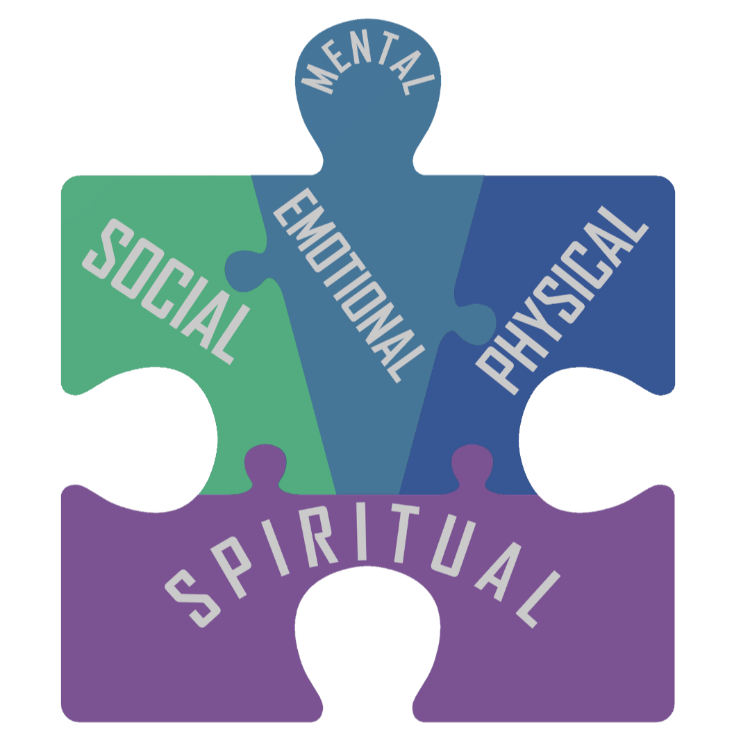 A jigsaw puzzle with four interconnected pieces labeled mental, emotional, physical, social, and spiritual in different colors.