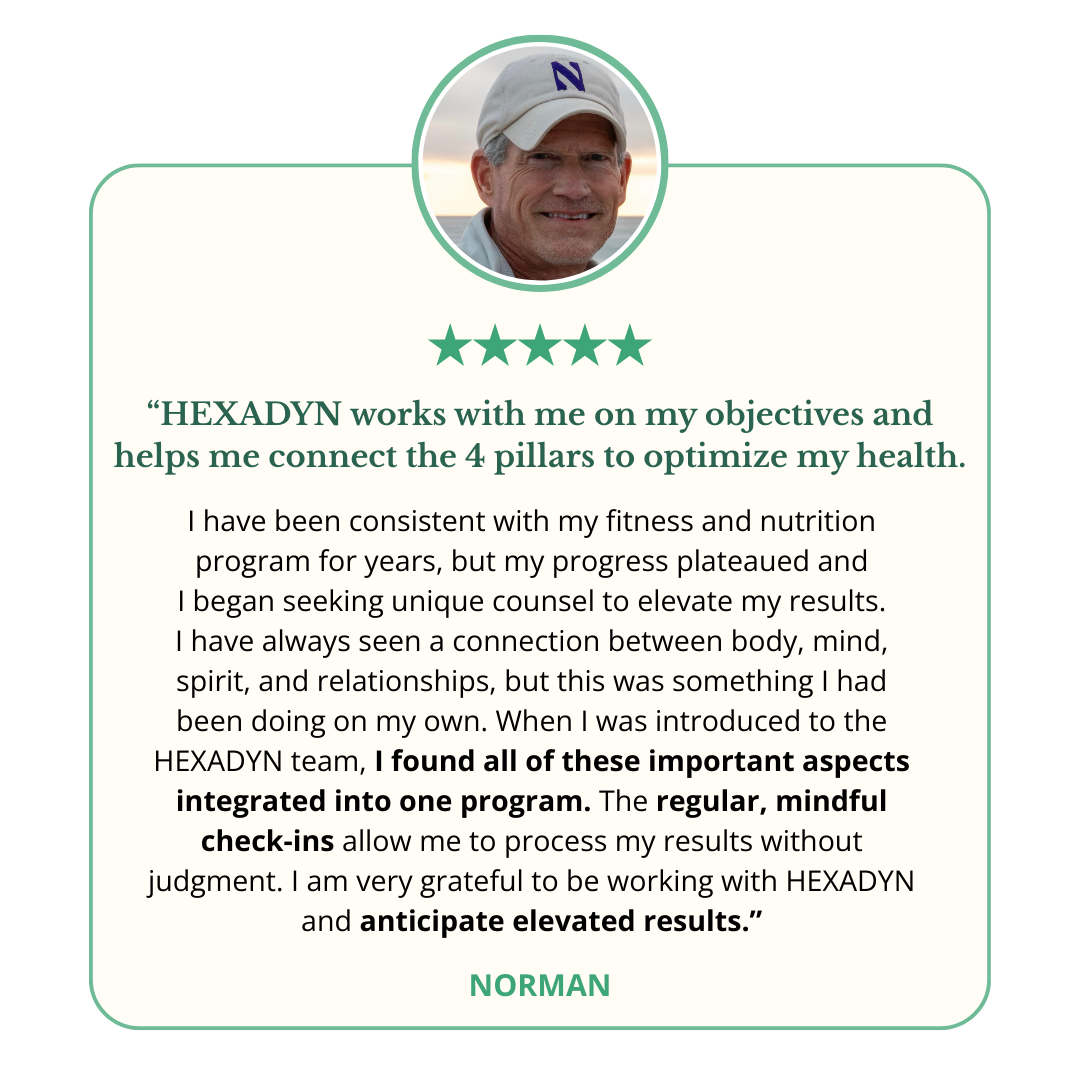 Testimonial card featuring a smiling man wearing a white cap, with a five-star rating, and a quote about the benefits of HEXADYN for health and wellness.