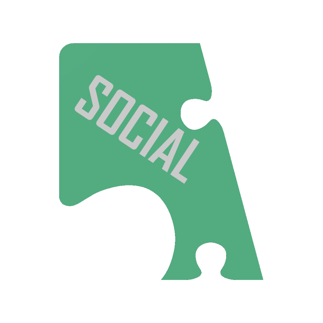 A green puzzle piece with the word 'SOCIAL' written diagonally in gray font.