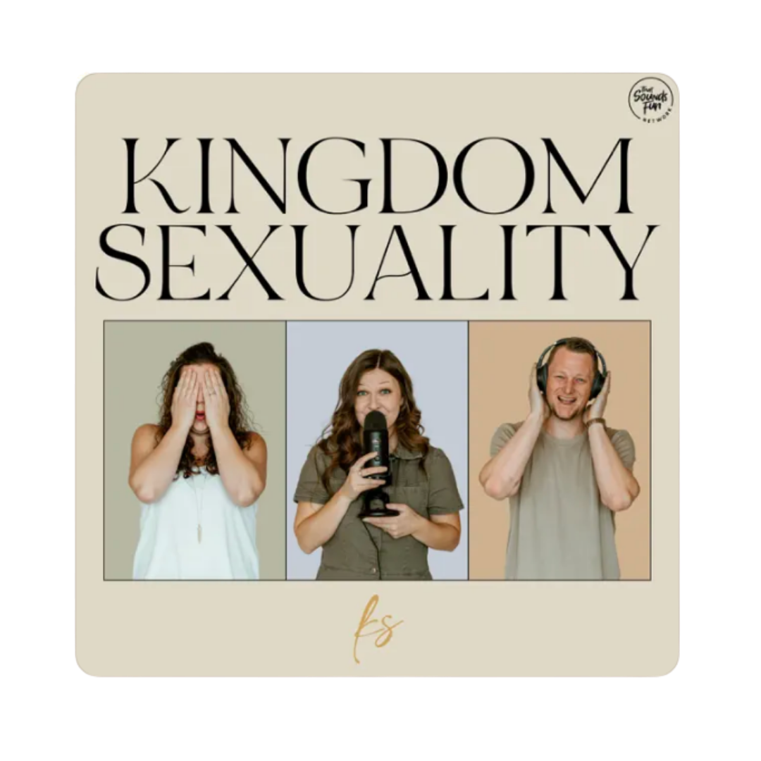 Album cover titled 'Kingdom Sexuality' with three people in separate frames: a woman covering her eyes, a woman speaking into a microphone, and a man wearing headphones, all smiling.