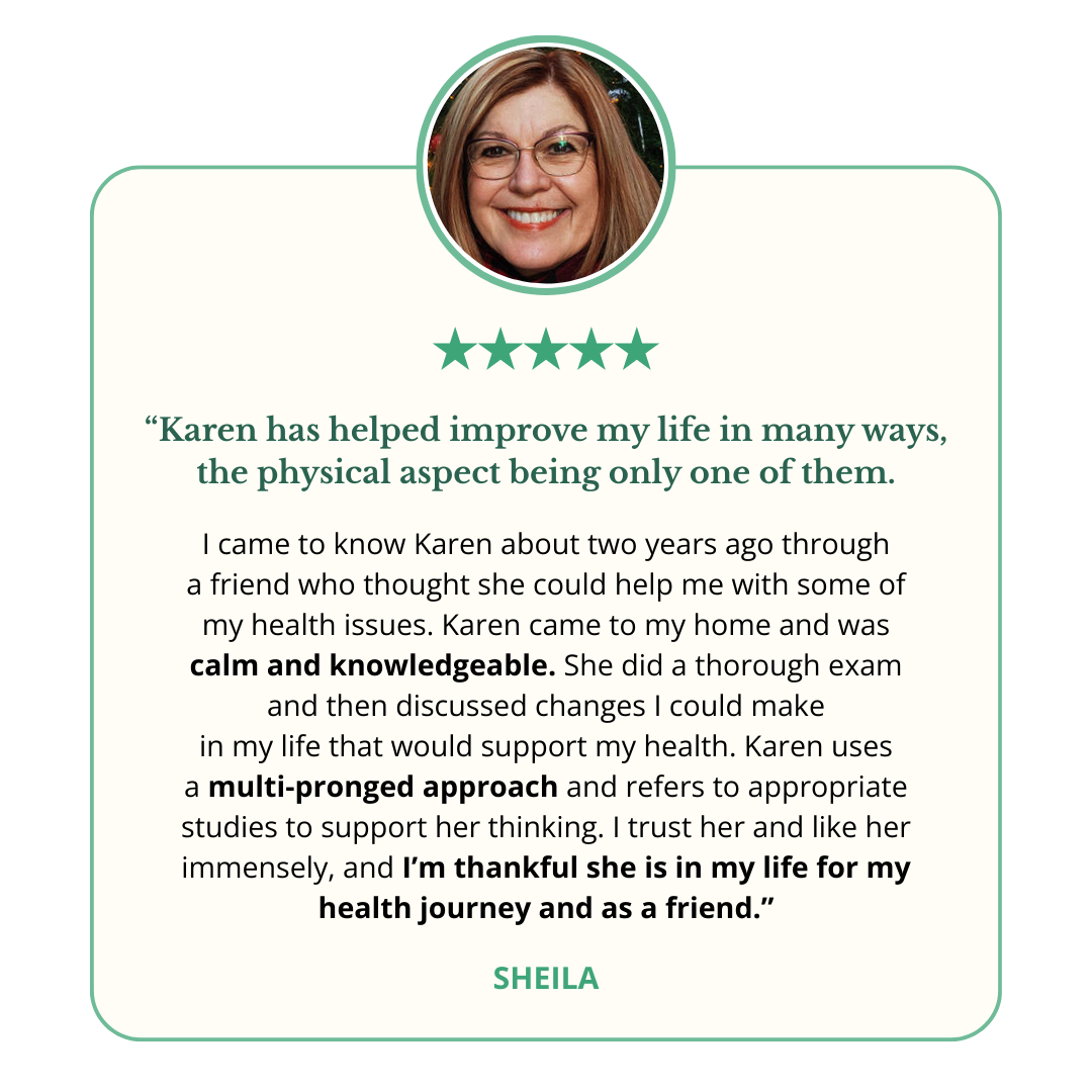 A smiling woman with glasses and long hair, surrounded by a green circle with a white and green badge-like design. Above her are five green stars, and below is a positive testimonial about a health coach named Karen, praising her knowledge, approach, and helpfulness.