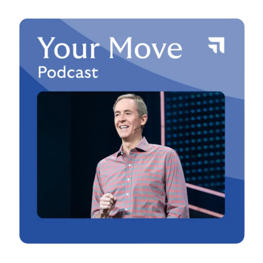 Podcast cover for 'Your Move' with a smiling man in a patterned shirt standing on stage.