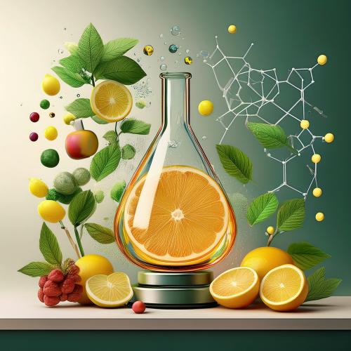 Artwork featuring a glass flask with an orange slice, surrounded by various citrus fruits, leaves, and a molecular structure.
