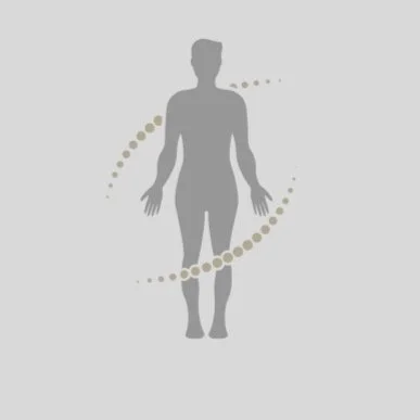 Muscular human figure in a running pose, showcasing anatomical muscle lines, on a gray background.