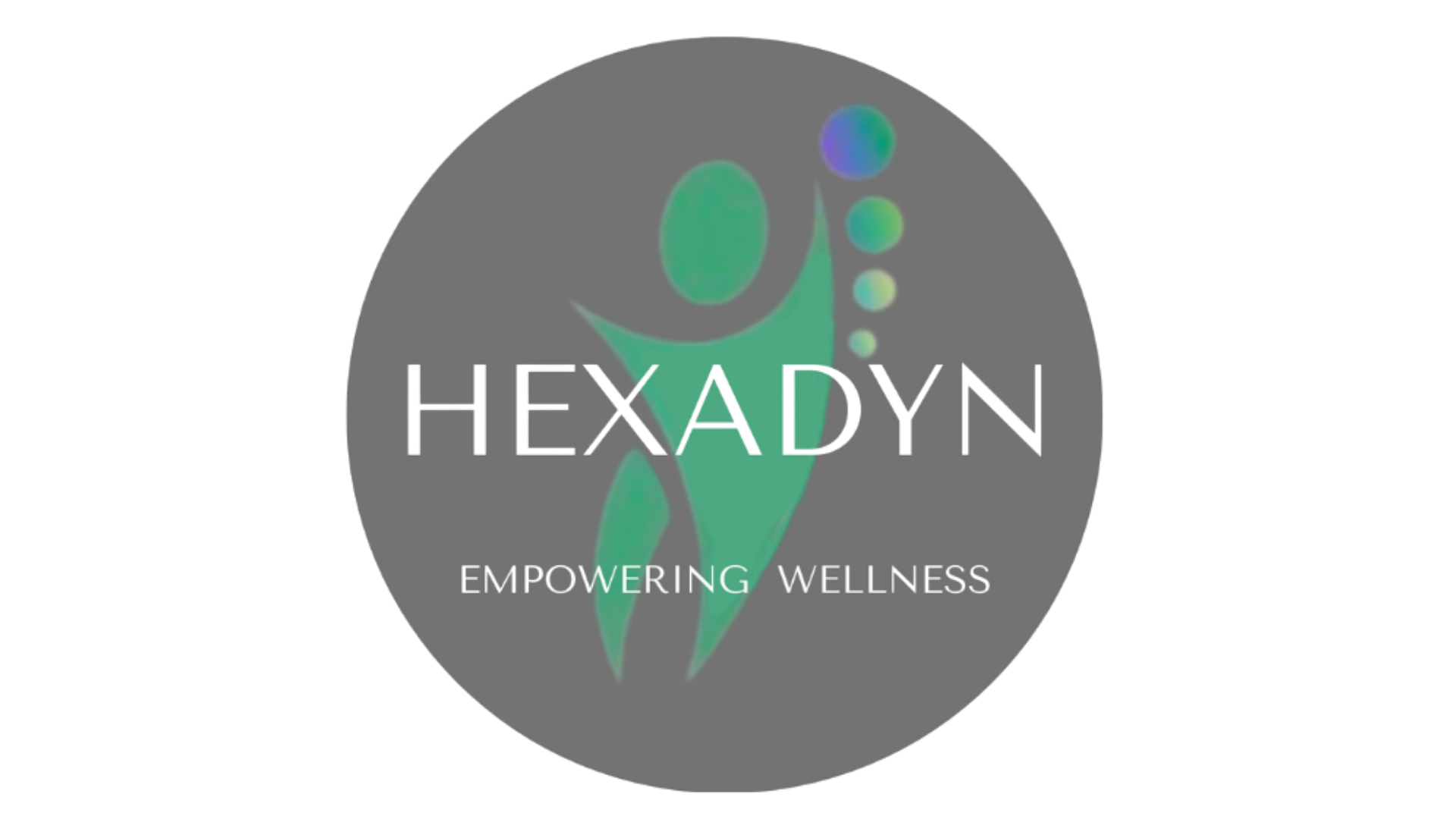 A circular logo with a stylized green human figure surrounded by abstract dots, with the text 'HEXADYN' in the center and 'EMPOWERING WELLNESS' below.